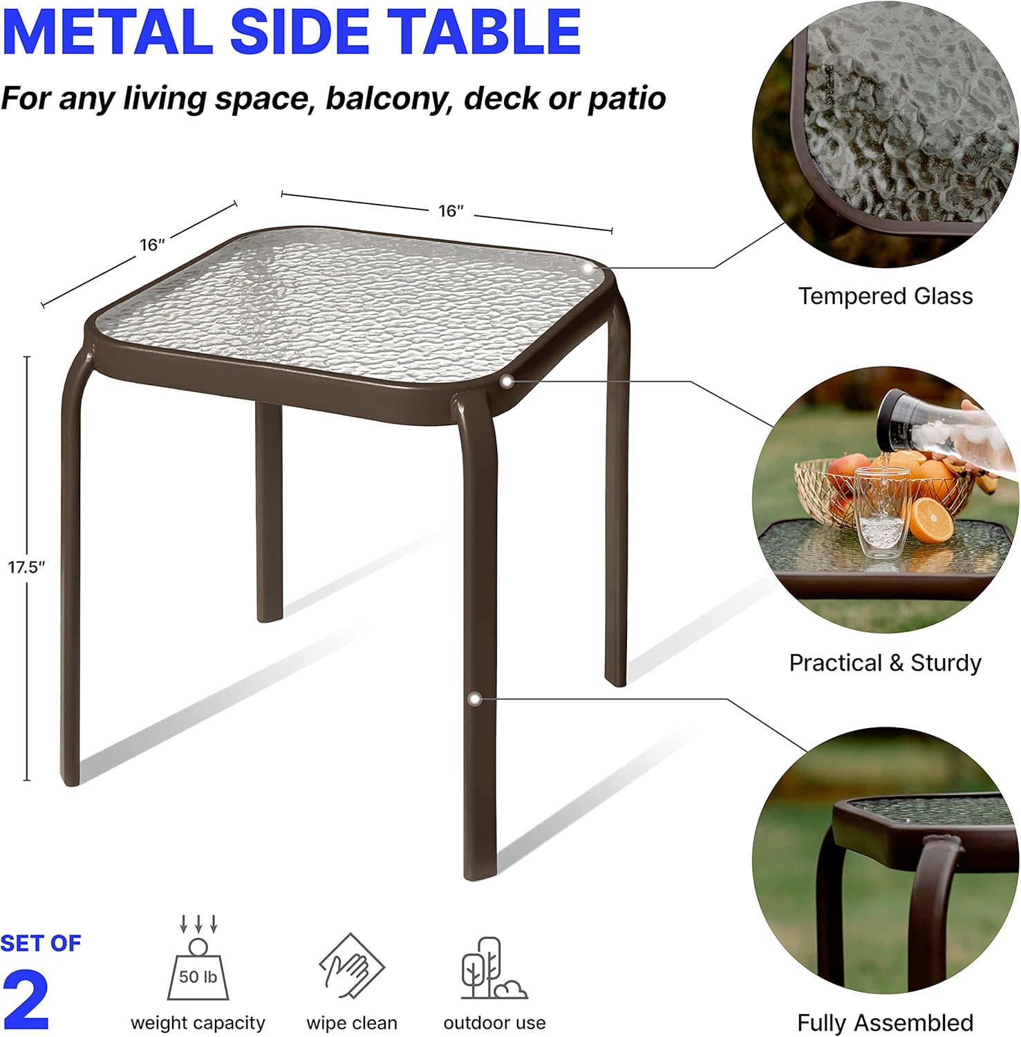Bronze Metal Outdoor Side Table with Tempered Glass Top Set of 2 – Elegant Small 16" Square Patio Table – Durable Weather-Resistant Coffee Bistro Accent End Table for Outside and Garden