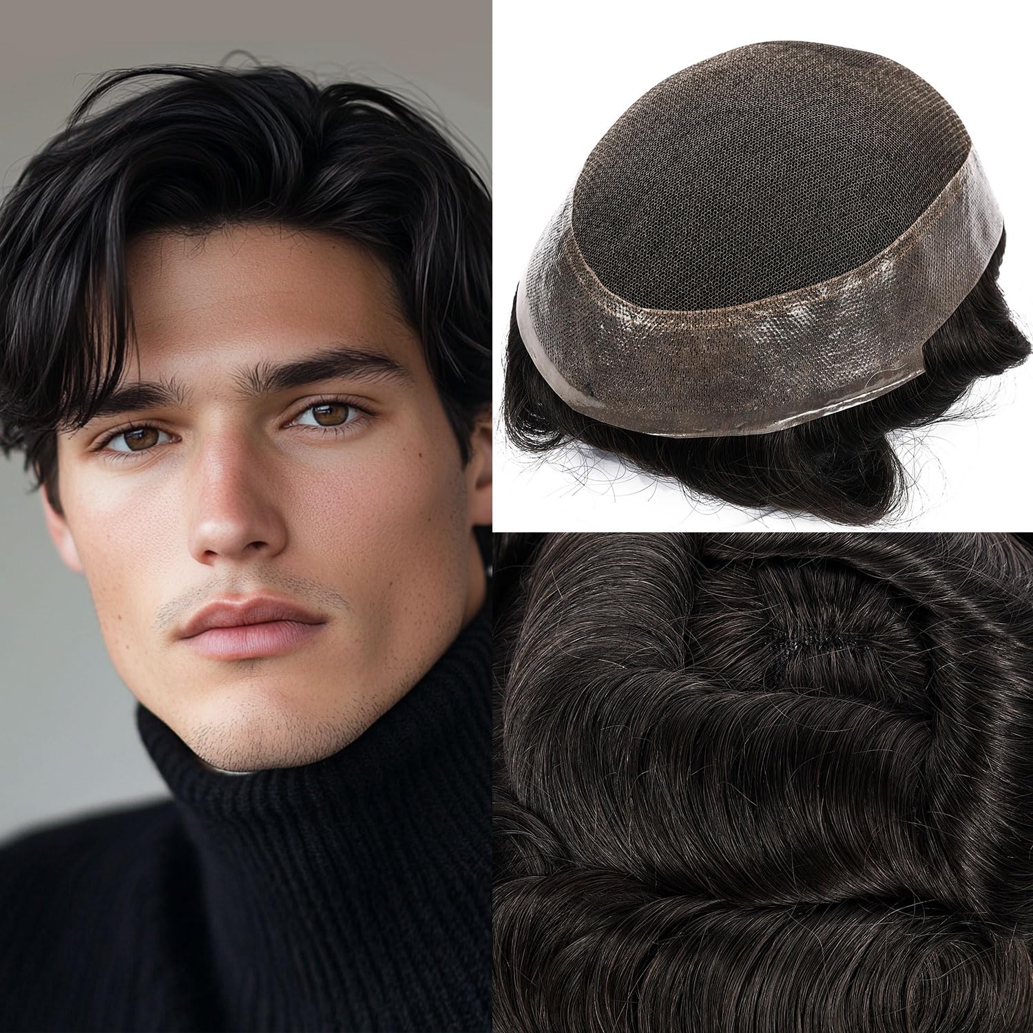 Blayzehair Mens Toupee Swiss Lace Center with PU European Human Hair Hairpieces Replacement System Natural Hairline (1B# OFF BLACK, 6