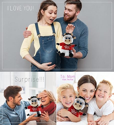 Miniatura 4 de DolliBu Vaca sentada de peluche con texto en inglés "I Love You", bonito animal de peluche con camisa roja y nombre, regalo personalizado para el