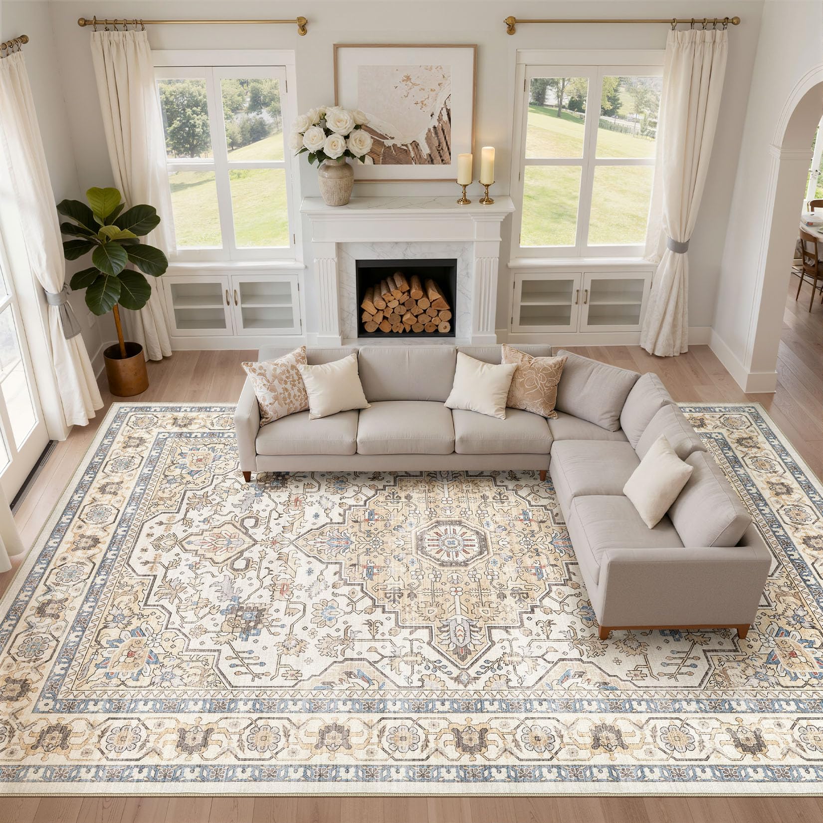 LOONGRUG 10x14 Area Rugs Washable Vintage Boho Living Room Rug Sand Blue