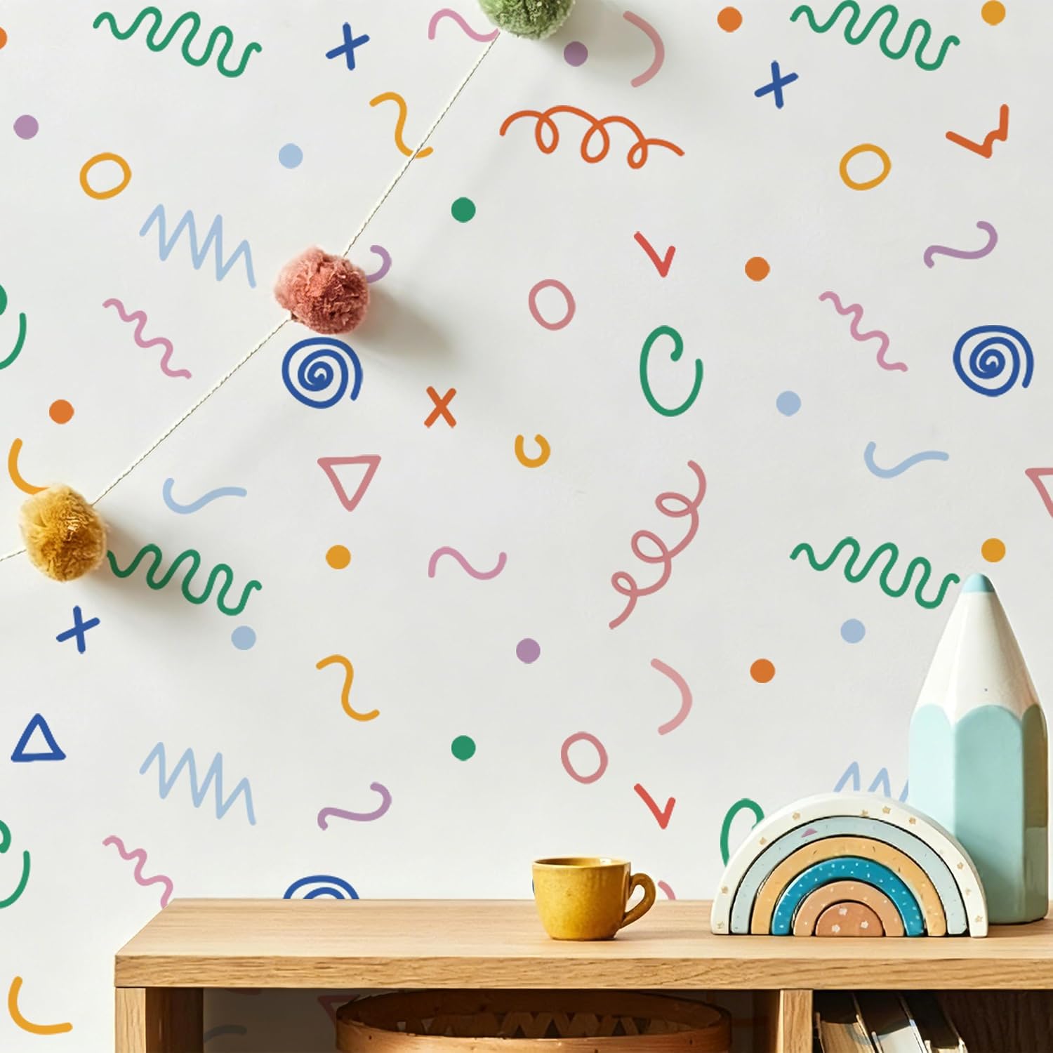 Colorful Abstract Geometric Wall Decals - Peel Stick Vinyl Stickers, Irregular Lines, Triangles Dots, Removable DIY Art, Modern Home Decor - for Kids Room, Nursery, Classroom, and Playroom