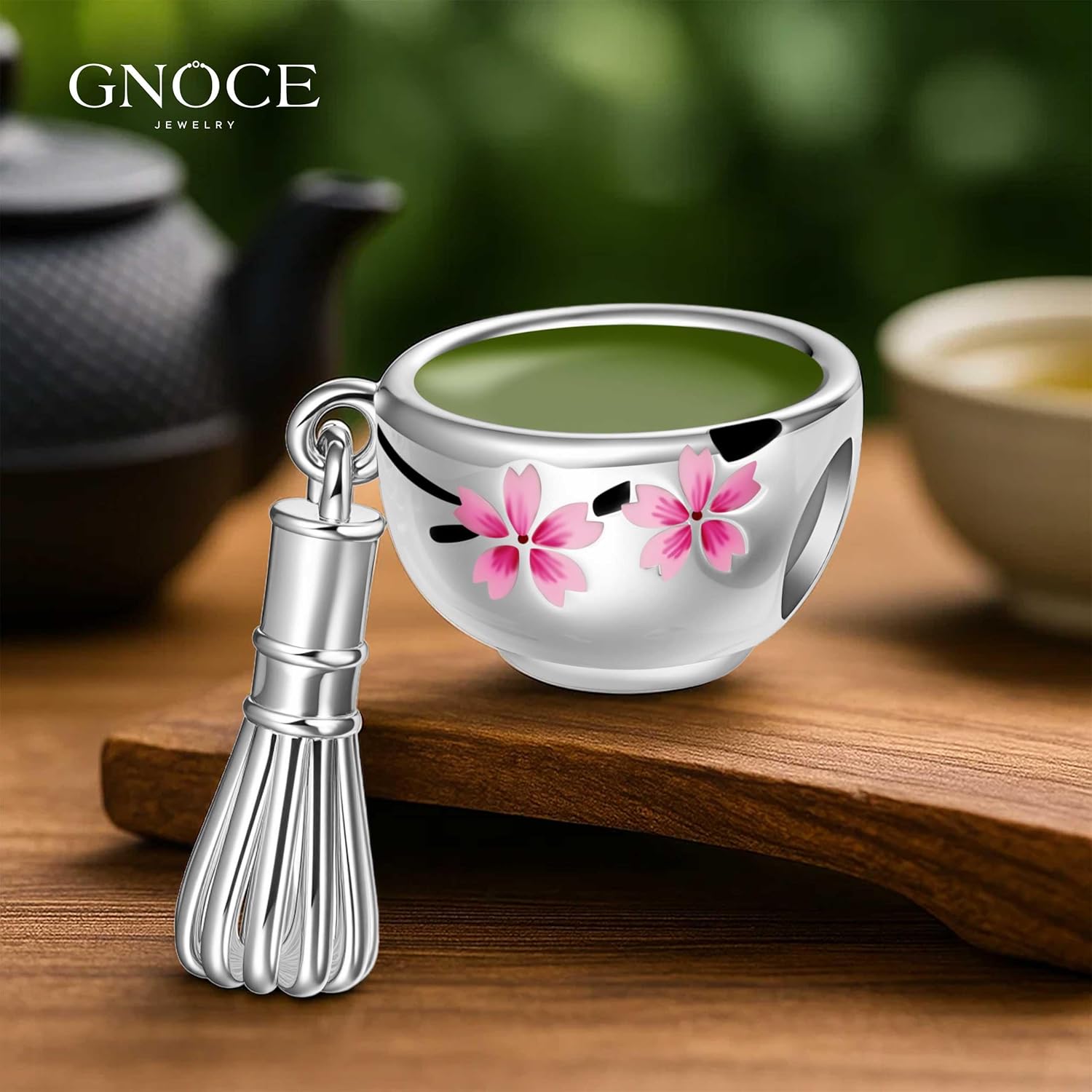 GNOCE Tea Ceremony Tools - Matcha Whisk Charm For Women, S925 Sterling Silver 14K White Gold Plated Bead Charm Bracelet for Her, Jewelry Gift Animals