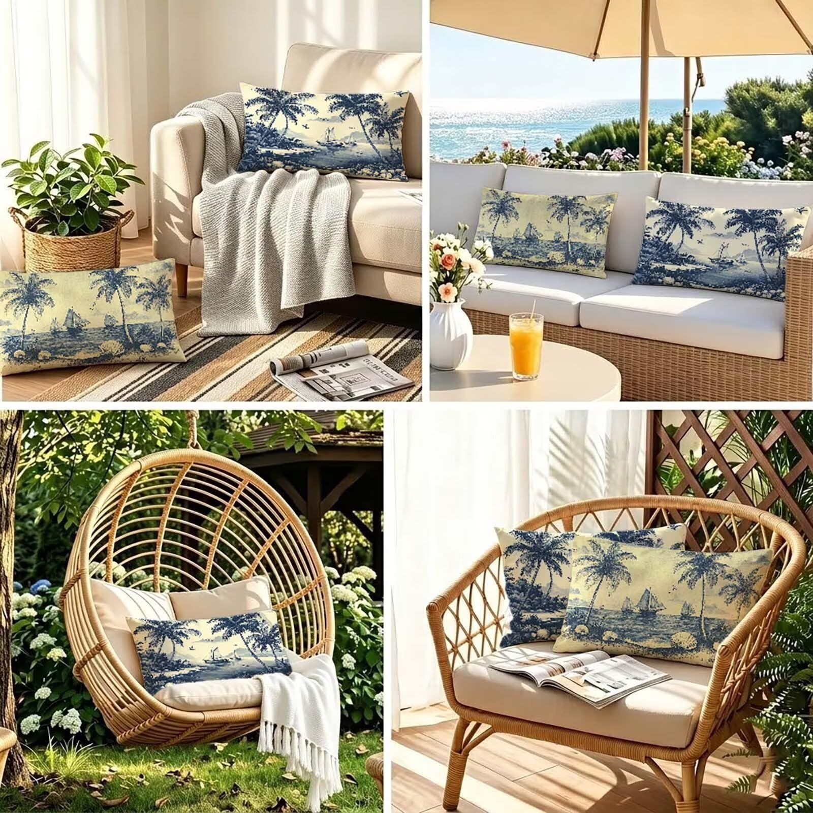 Federe Cuscini Divano 40x60 cm Set di 2 Blu Cuscini da Esterno Impermeabili Rettangolari, Alberi di cocco Decorativi Copricuscini in Lino Cuscino Divano, per Estate Giardino Soggiorno Letto K-2050