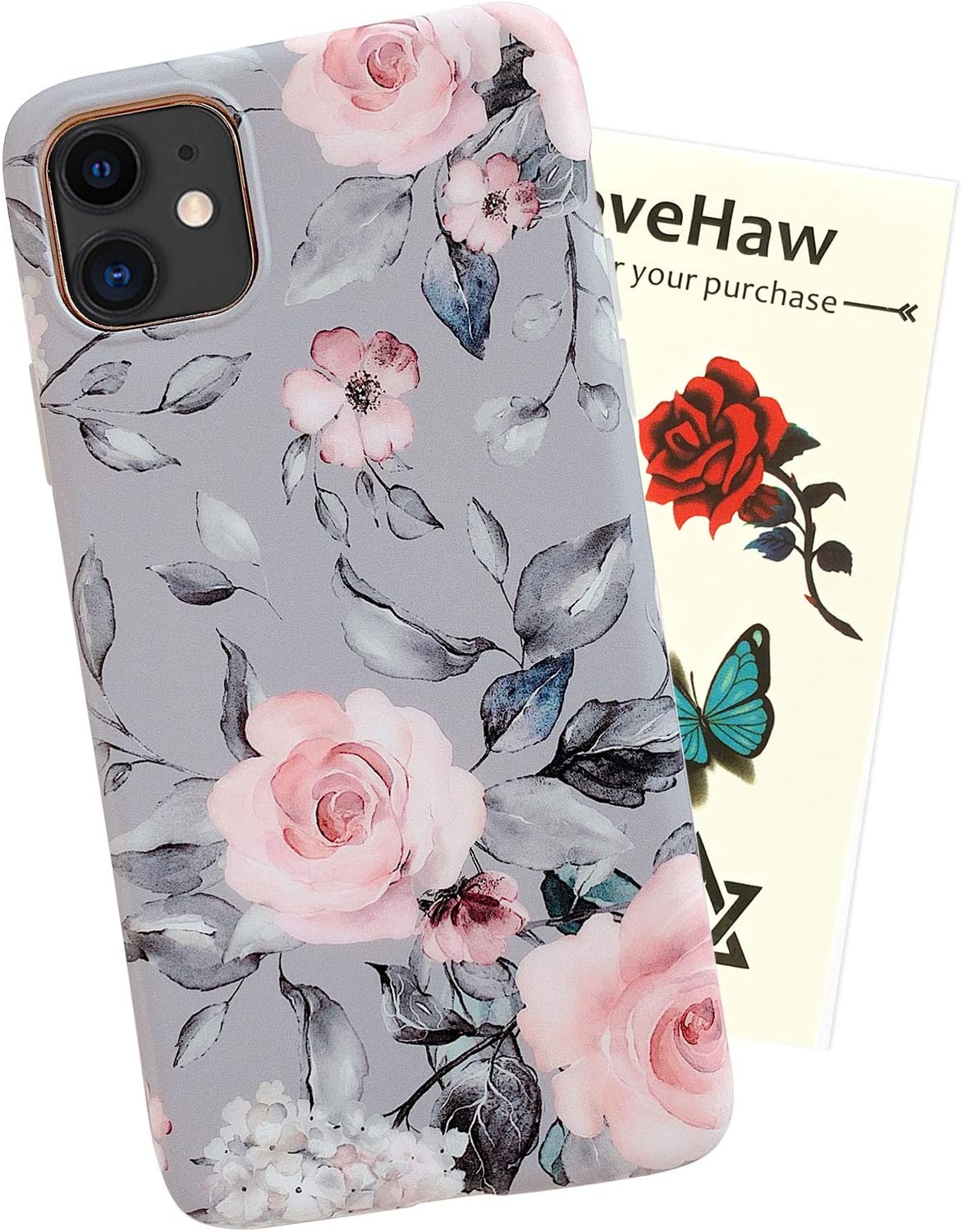 YeLoveHaw for iPhone 11 Case for Girls, Flexible Soft Slim Fit Full Protective Cute Shell Phone Case Cover with Purple Floral & Gray Leaves Pattern for iPhone 11 6.1 Inch (Pink Flowers)