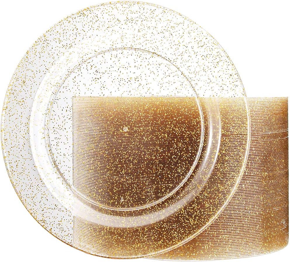 Liacere 100Pieces Gold Plastic Plates-Disposable Gold Glitter Appetizer Plates-7.5inch Premium Plastic Salad/Dessert Plates for Wedding & Parties & Thanksgiving