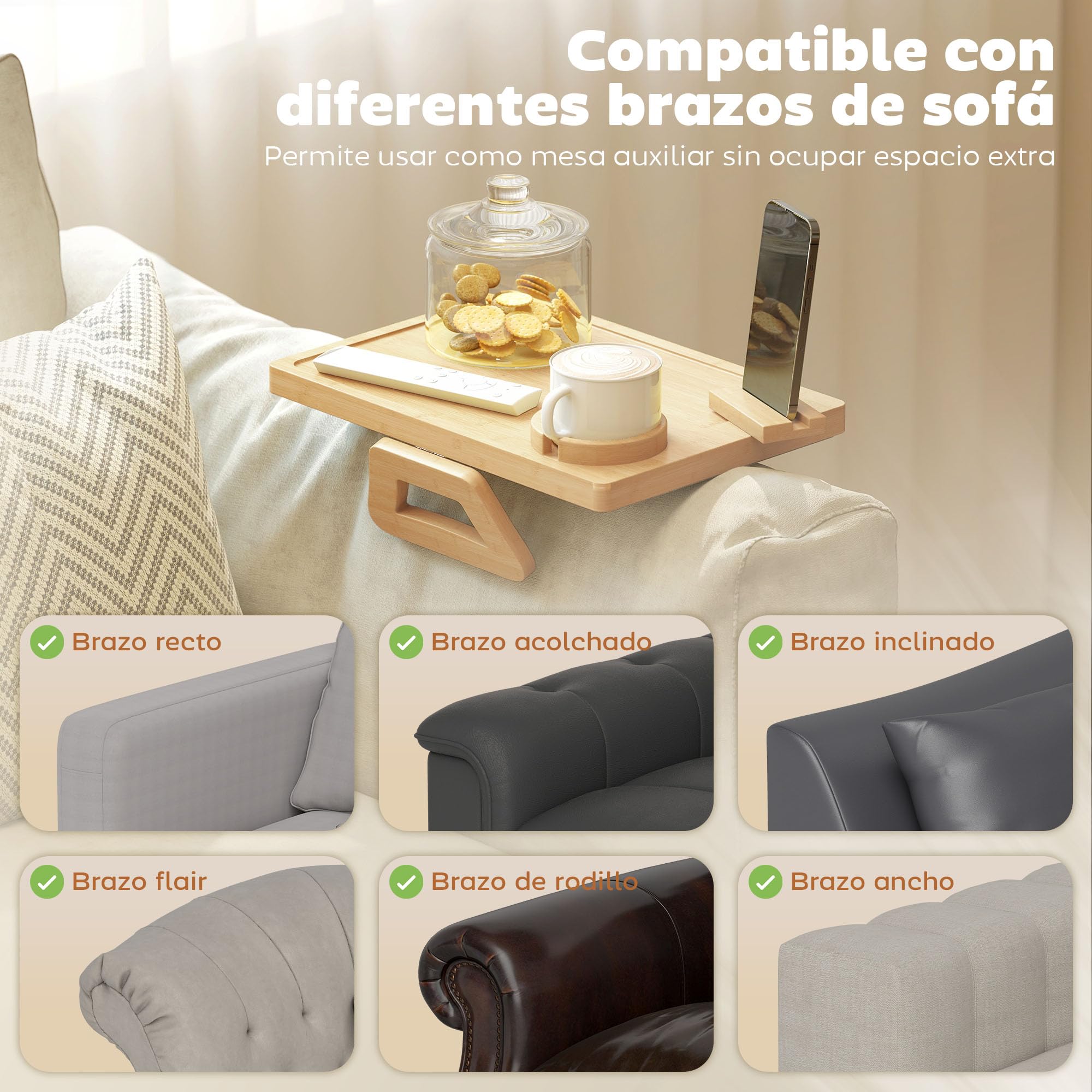 HOMCOM Plateau d'accoudoir de canapé en Bambou Flexible, Plateau d'accoudoir de canapé avec Porte-gobelet Amovible, Table d'appoint à charnière avec Support pivotant à 360° pour téléphone,