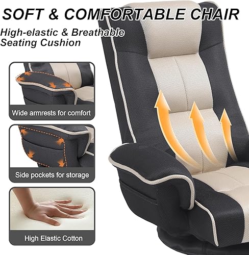 Miniatura 4 de Sillas giratorias de suelo para adultos, silla de juegos de suelo con brazos extra anchos, soporte de espalda de 14 ángulos, ajustable, cómodo, tela