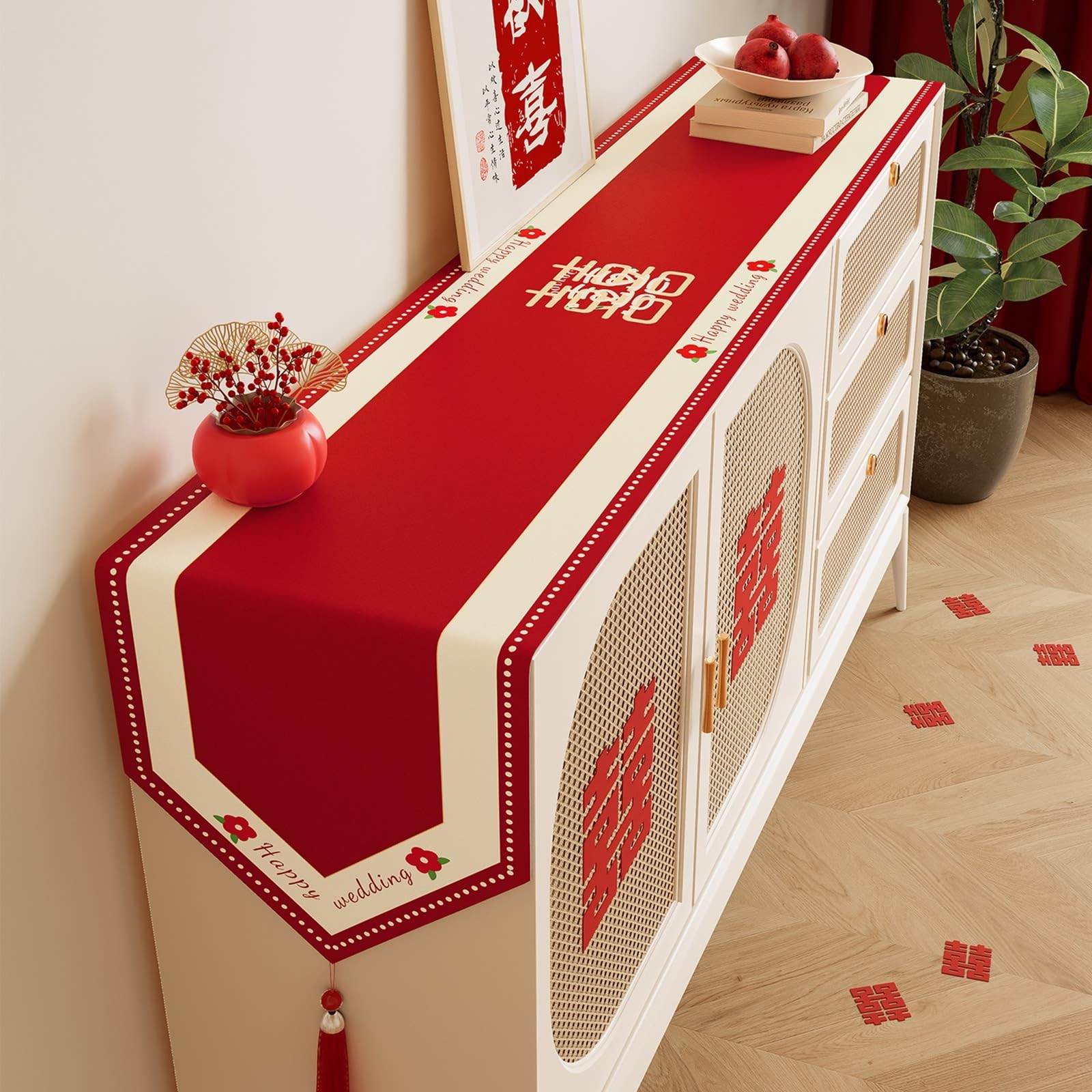 Chemin de table en polyester et lin style mariage chinois motif floral avec pompons 30x180