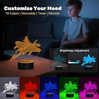 Airplane Night Light, 3D Fighter Jet Lamp with Remote Control & 16 Colors & Timer & Dimmable for Home Desk Decor, Cool Plane Gift for Christmas, Birthday, Graduation, Back to School for Kids Boys [Energy Class G]