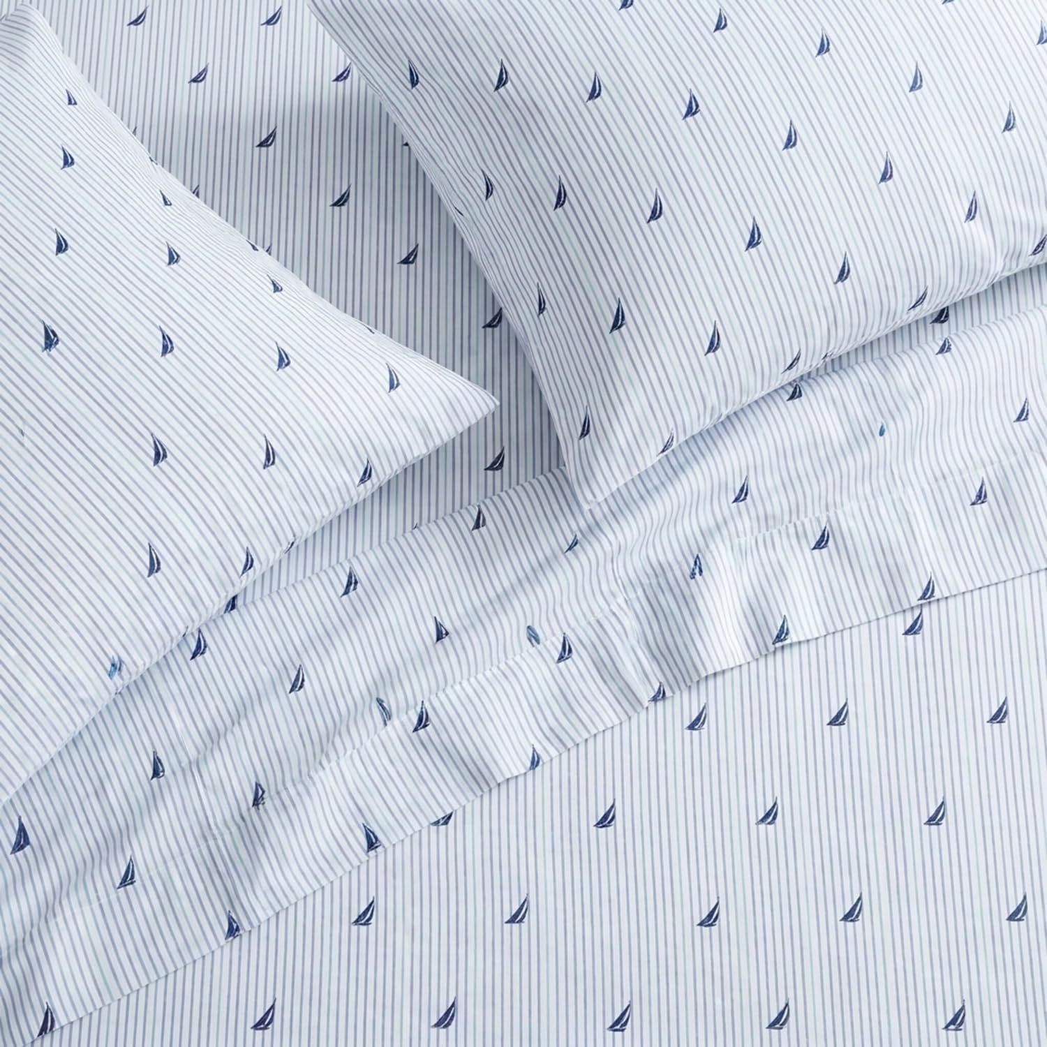Nautica - Twin Size Sheet Set, Crisp & Tailored Cooling Sheets with a Smooth Cotton Percale Lightweight Feel - Bed Sheets with Matching Pillowcase & Fitted Sheet (Audley Stripe Blue)