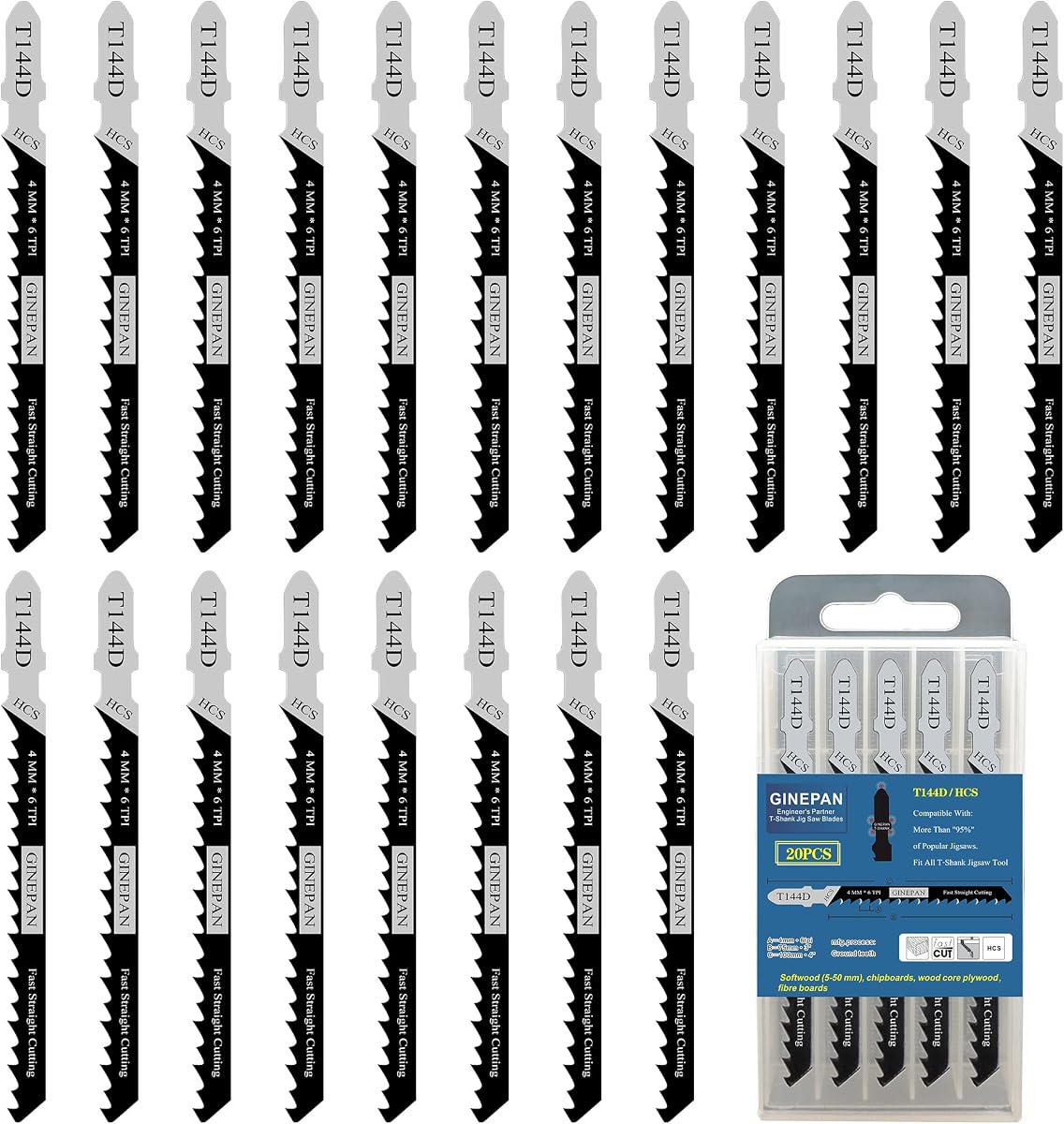 Hojas de sierra de calar con vástago en T, 20 unidades, T144D con estuche, compatible con Bosch Dewalt Black and Decker, juego de hojas de sierra para madera, 4 pulgadas, 6 TPI, cortes rectos y muy rápidos
