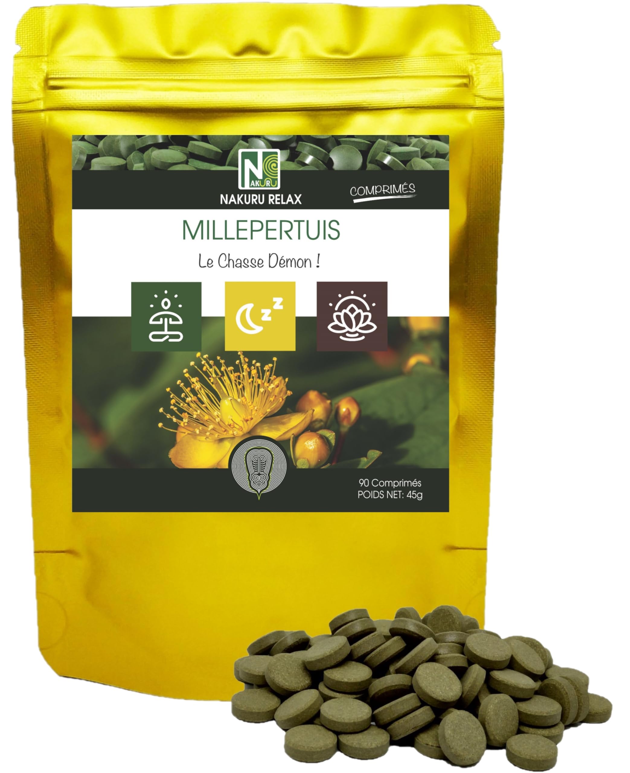 Erba di San Giovanni | 90 compresse da 500mg | NAKURU Relax | Polvere organica secca e compressa a freddo | Analizzata e condizionata in Francia | "La Caccia al Demone!"