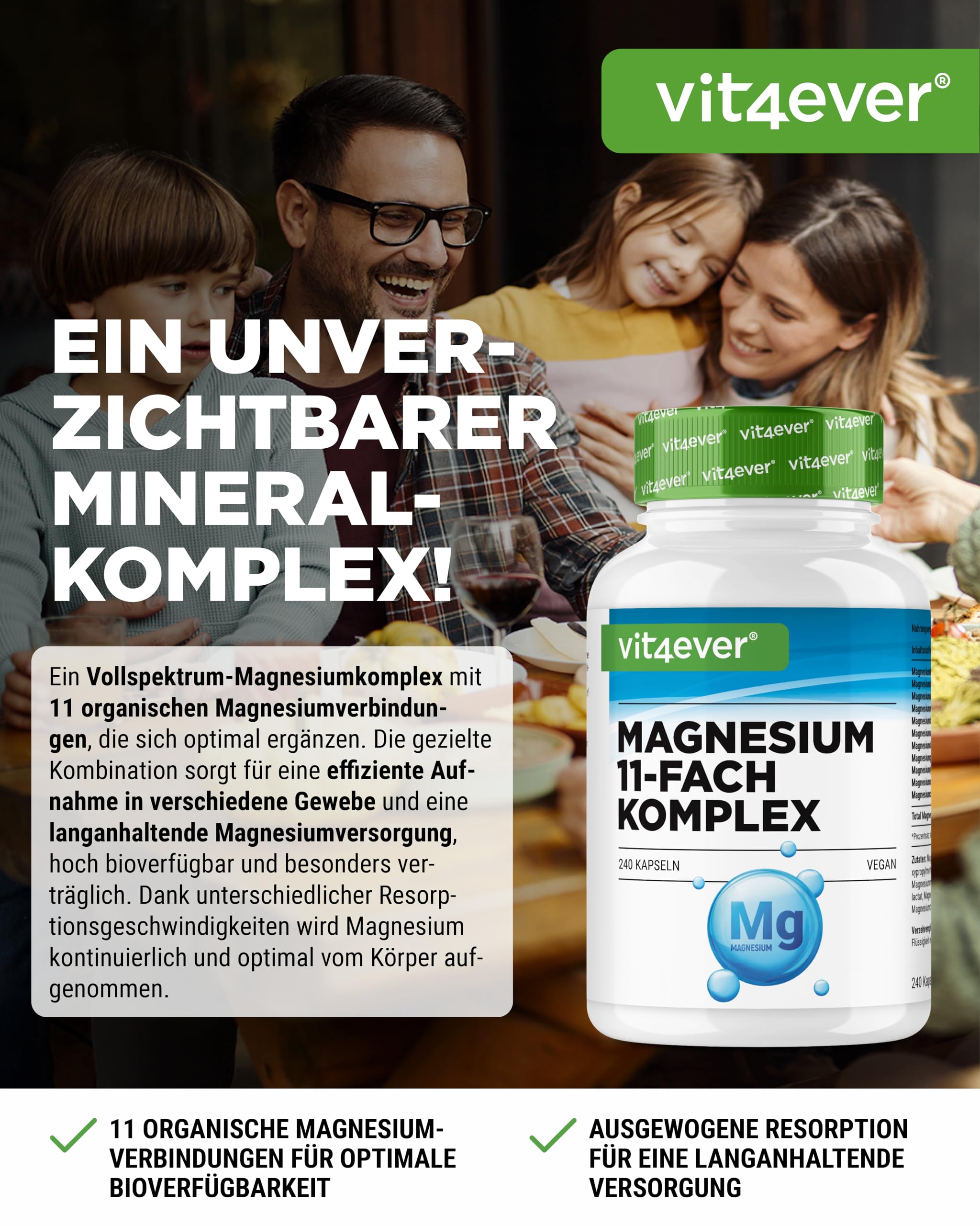 vit4ever Magnesium 11-fach Komplex - 240 Kapseln - aus 11 Verbindungen | 408 mg elementares Magnesium pro Tagesdosis, 11 hochwertige Magnesium-Formen, hohe Bioverfügbarkeit, vegan