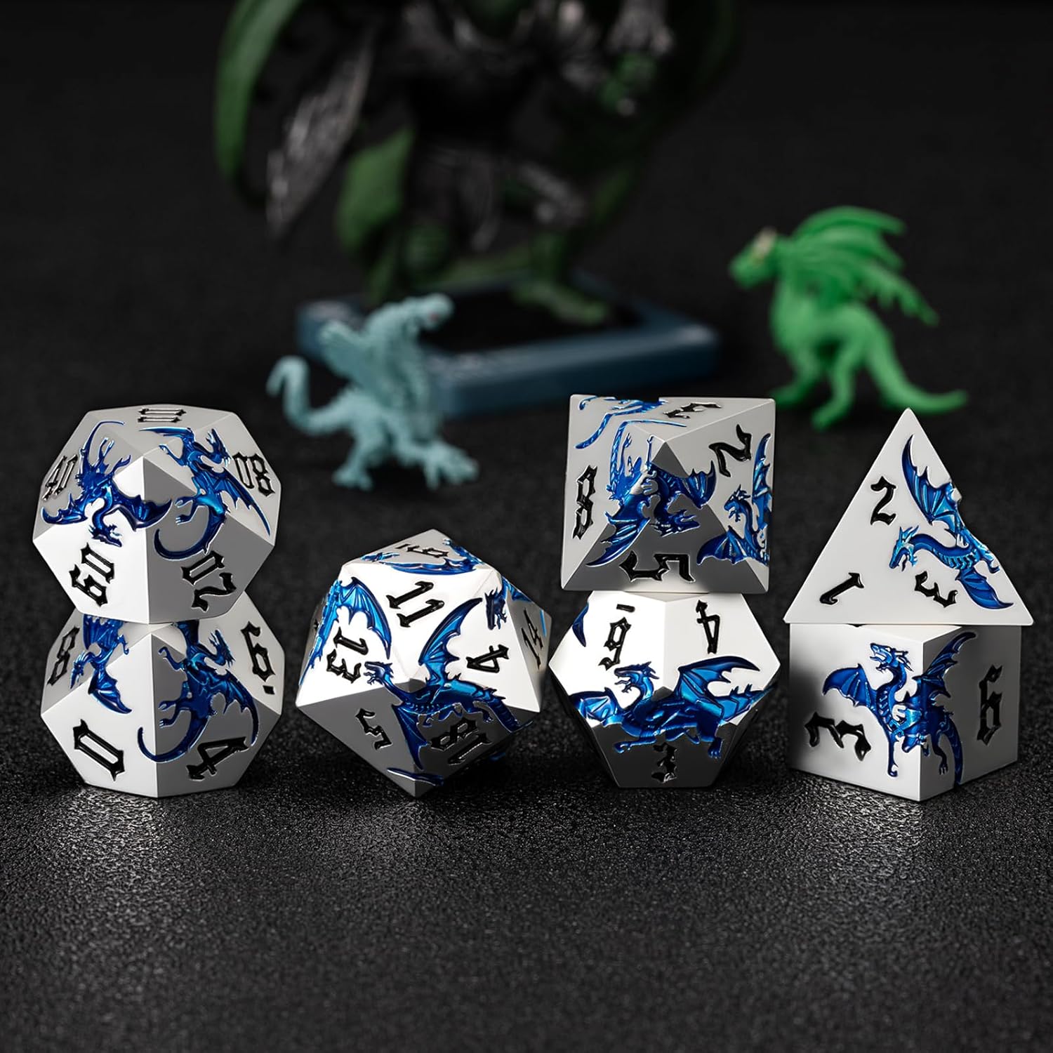 Metallic D&D Dragon Dice Set,Metal DND Polyhedral Dice with Dragon for Dungeons and Dragons RPG TTRPG D and D 7-Die Set with Gift Case (Dragon-Pearl Silver Transparent Blue)