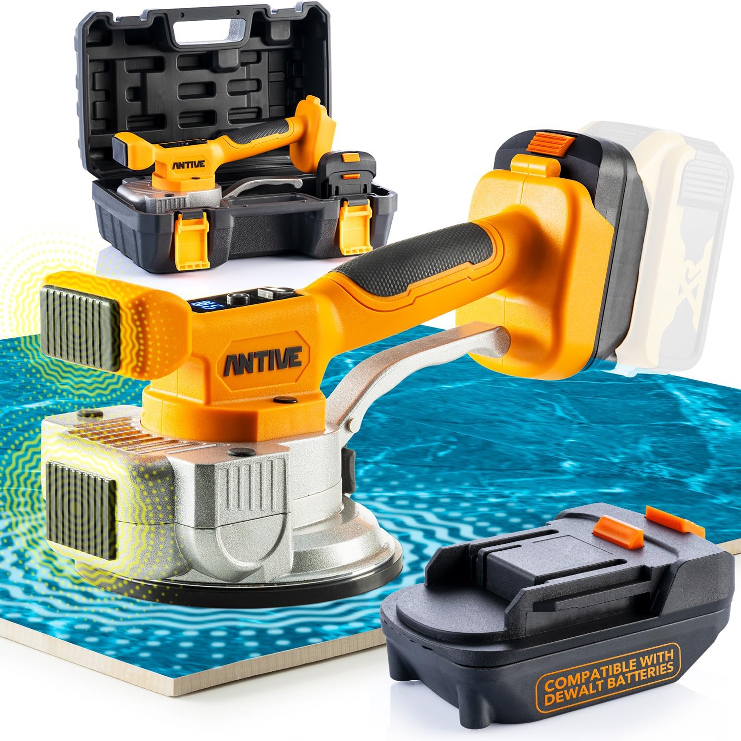 Tile Vibration Tool Kit Compatible with DeWalt Batteries via Included Adapter, Cordless Tile Vibrator for Large Format Tile Installation with 9 Speeds and 110 lb Suction Cup