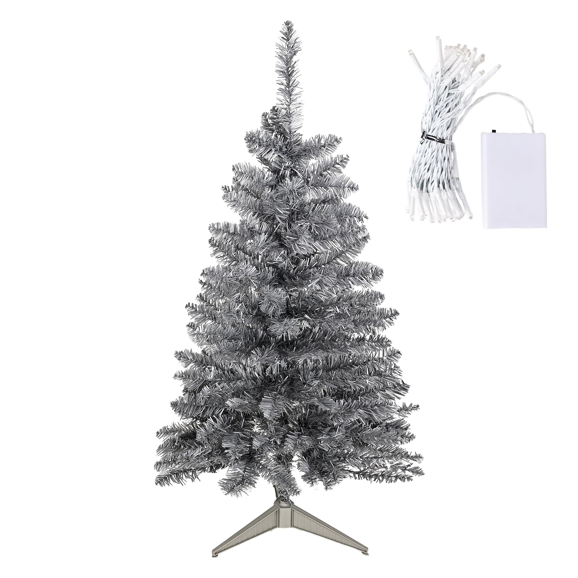 Silver Small Christmas Tree?Mini Artificial Christmas Tree with Lights for Office,Desk,Indoor, Outdoor, Holiday Xmas Party Decoration, Easy Setup