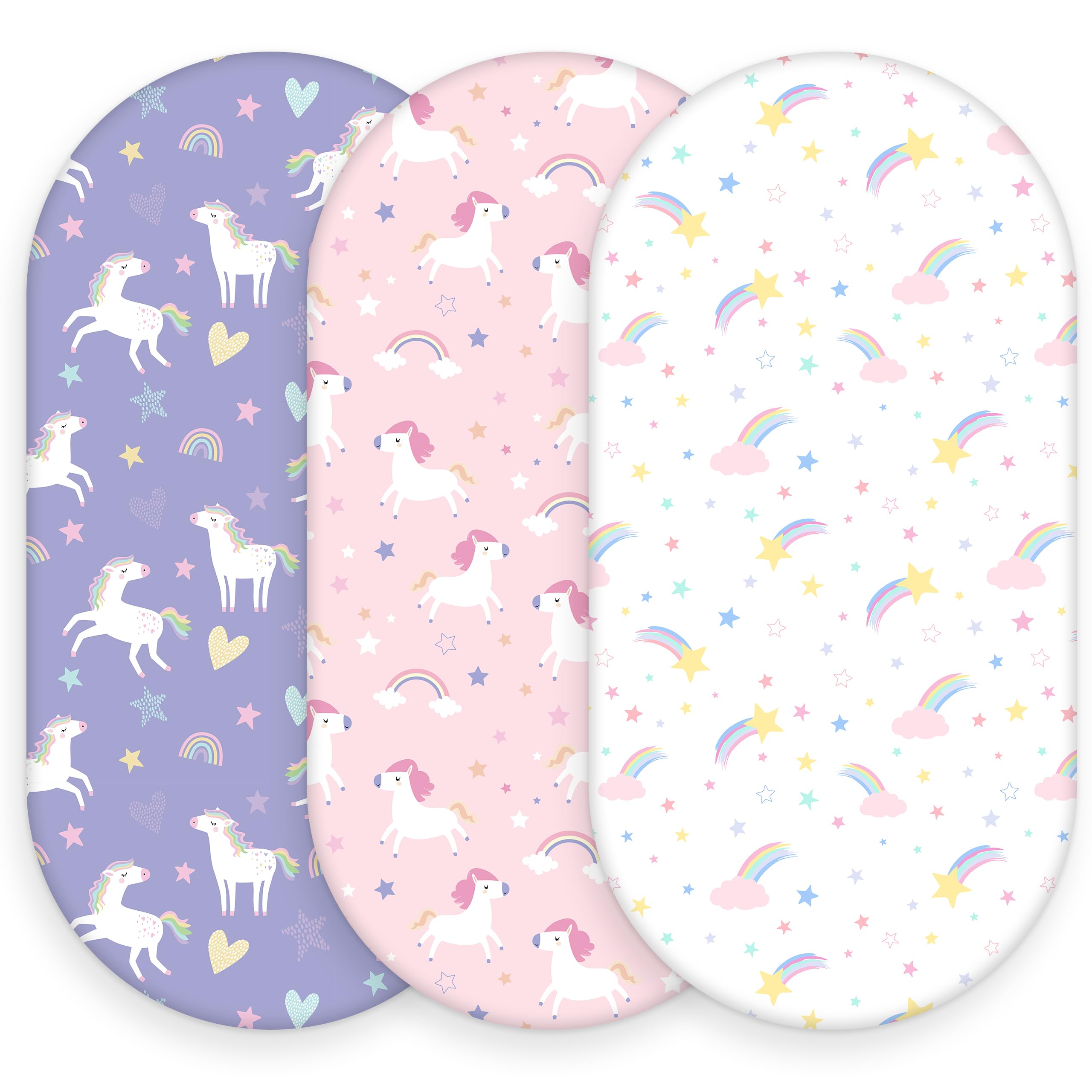 Baby Bassinet Sheets, 3 Pack Fitted Bassinet Mattress Sheets, Compatible with Halo Bassinest Swivel Sleeper &amp; Oval Hourglass Rectangle Mattress, Ultra Soft Pink Purple Rainbow
