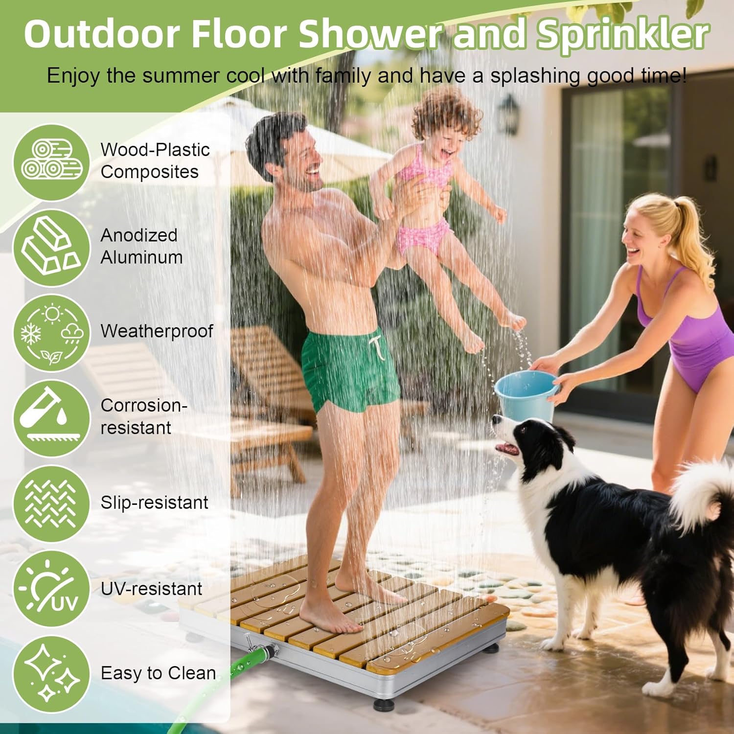 Outdoor Shower with Foot Wheel Adjustable 120" Height Water Flow, Pool Garden Shower with 2 x Hose Connector to Mix Hot and Cold Water, Adjustable Support Legs(28" x 22")