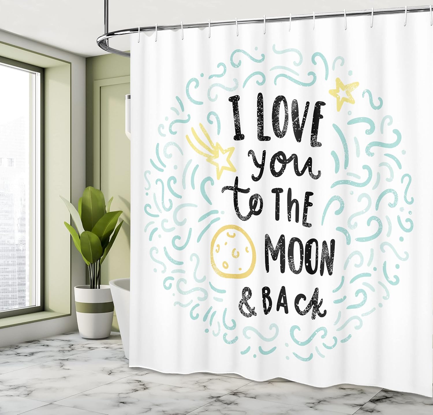 Ambesonne I Love You Shower Curtain, Cartoon Style Dreams Sibling Love Friends Theme, Cloth Fabric Bathroom Decor Set with Hooks, 69" W x 70" L, Yellow Grey Mint