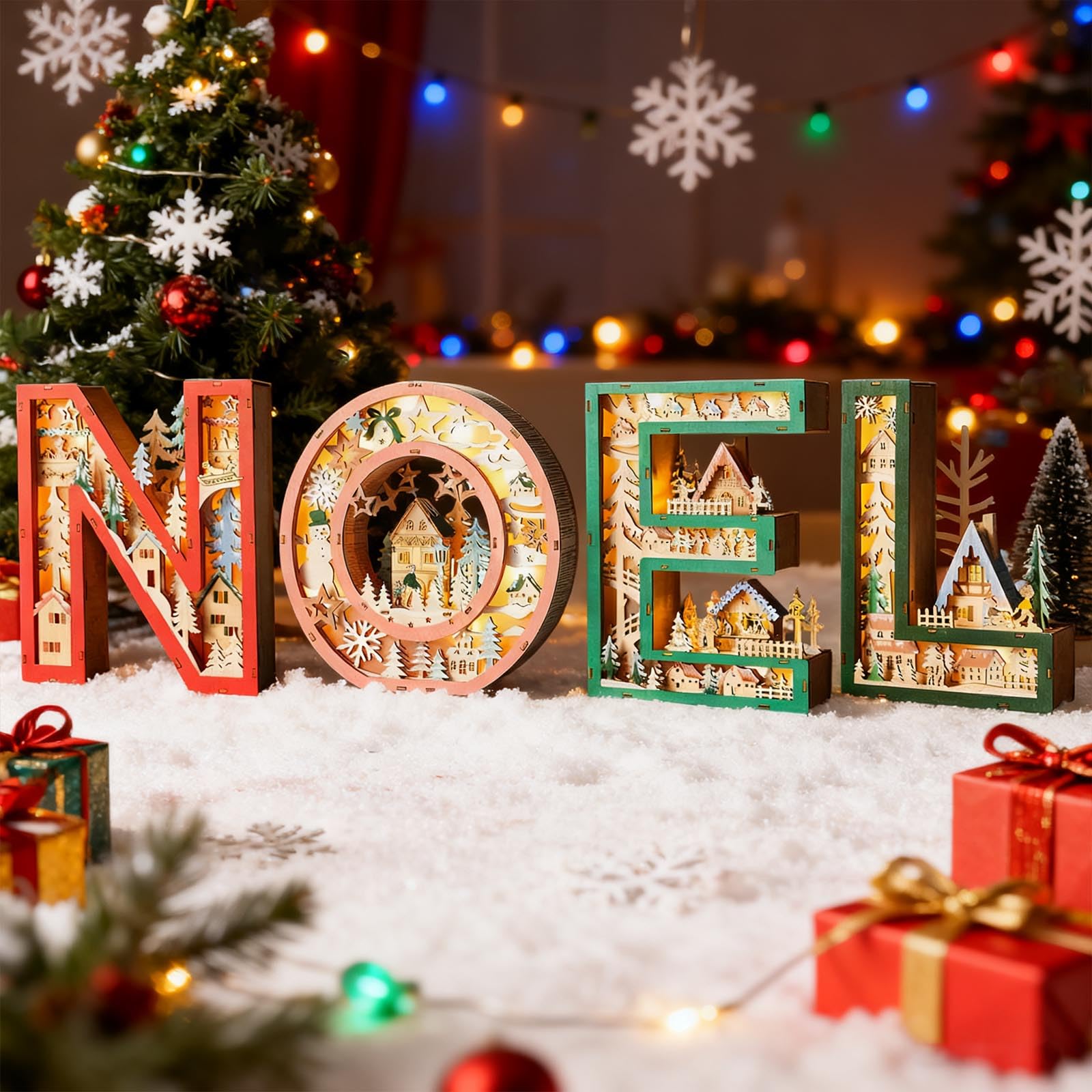 Decoración navideña de Madera Brillante con luz LED Lámpara de Escritorio de Madera con Letras Huecas para repisas Estante Exhibición de Entrada Decoración del árbol de Navidad