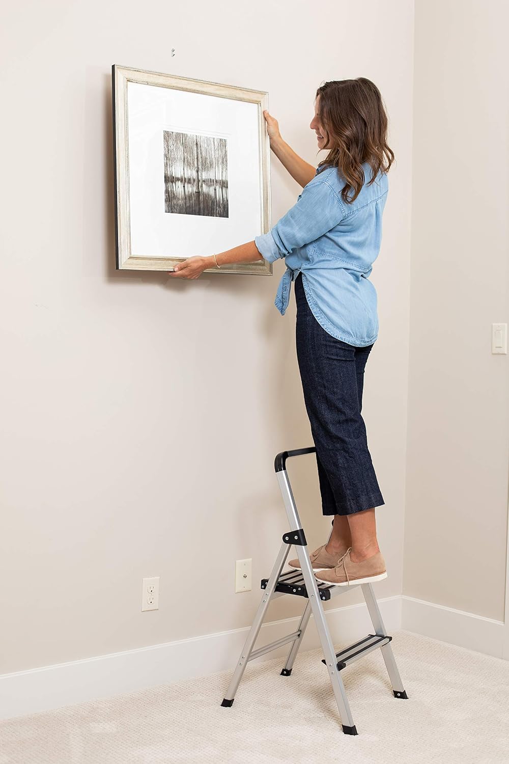 BirdRock Home 2-Step Aluminum Step Ladder - Sturdy Thin Folding Stool - 2 Anti-Slip Steps - Wide Platform - Great for Your Kitchen, Pantry, Closets, or Home Office - Modern Stool - Indoor - Silver