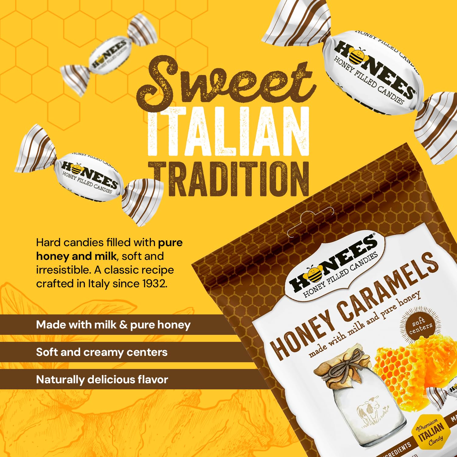 Honees Honey Caramels Hard Candy Individually Wrapped | Natural & Healthy Candy, Italian Made with Milk & Pure Honey, 12 Pack (34.2oz)