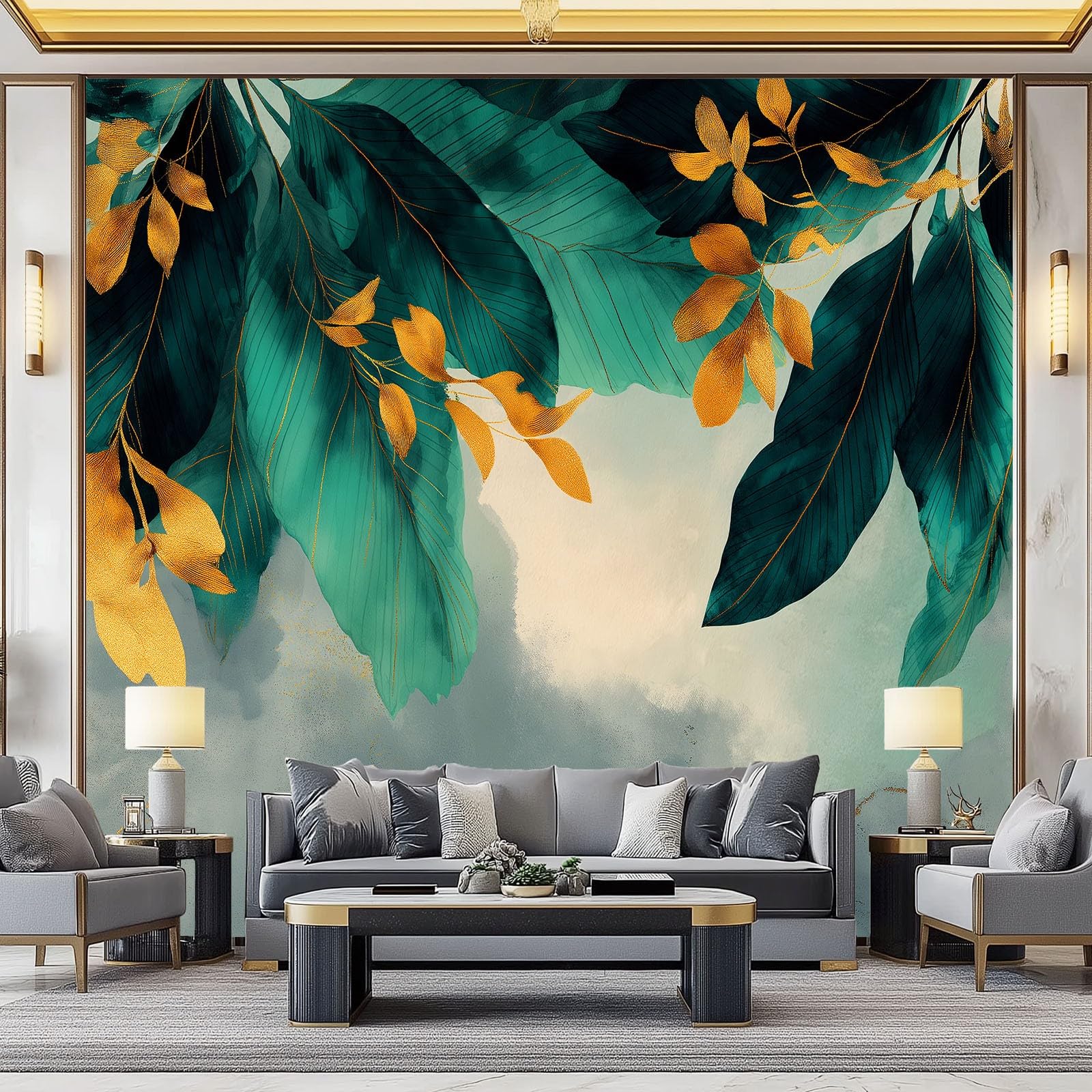 Tapeta z włókniny 350 x 256 cm (szer. x wys.), ciemnozielona, fototapeta - abstrakcyjne wykwintne kwiaty liście dekoracja ścienna z dekoracyjnymi malowidłami ściennymi