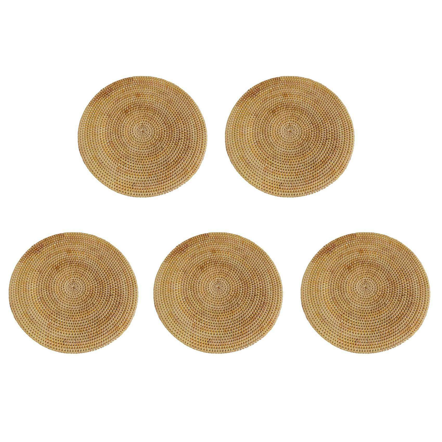 Hndhbfgrt 5X Handwoven Rattan Placemats,Round Wicker Table Mats, Natural Woven Placemats for Dinner Table,Heat Mats