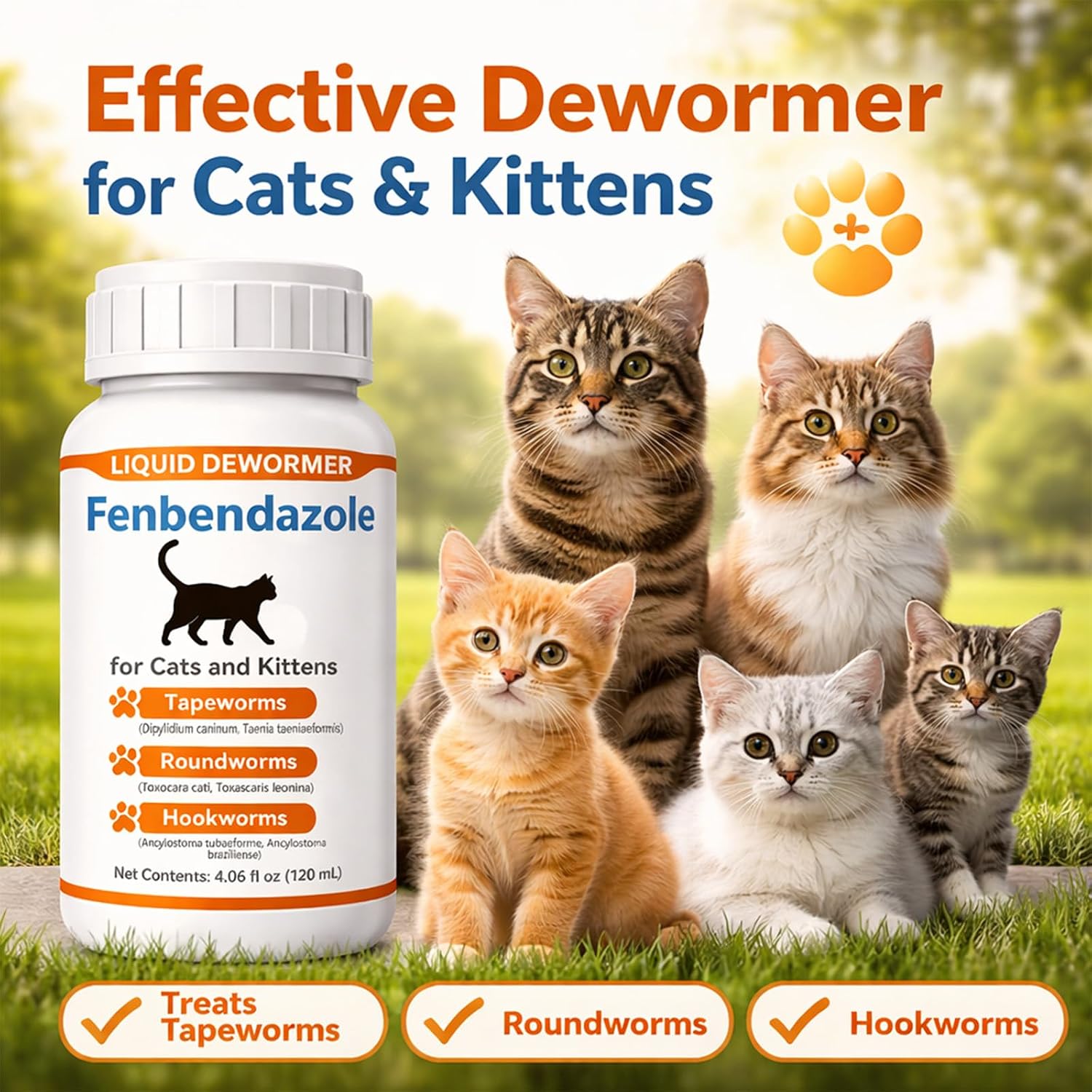 Cat Dewormer for Cats & Kittens – Fenbendazole Liquid for Tapeworms, Roundworms & Hookworms, Broad Spectrum Dewormer, Supports Intestinal Health, 120ml