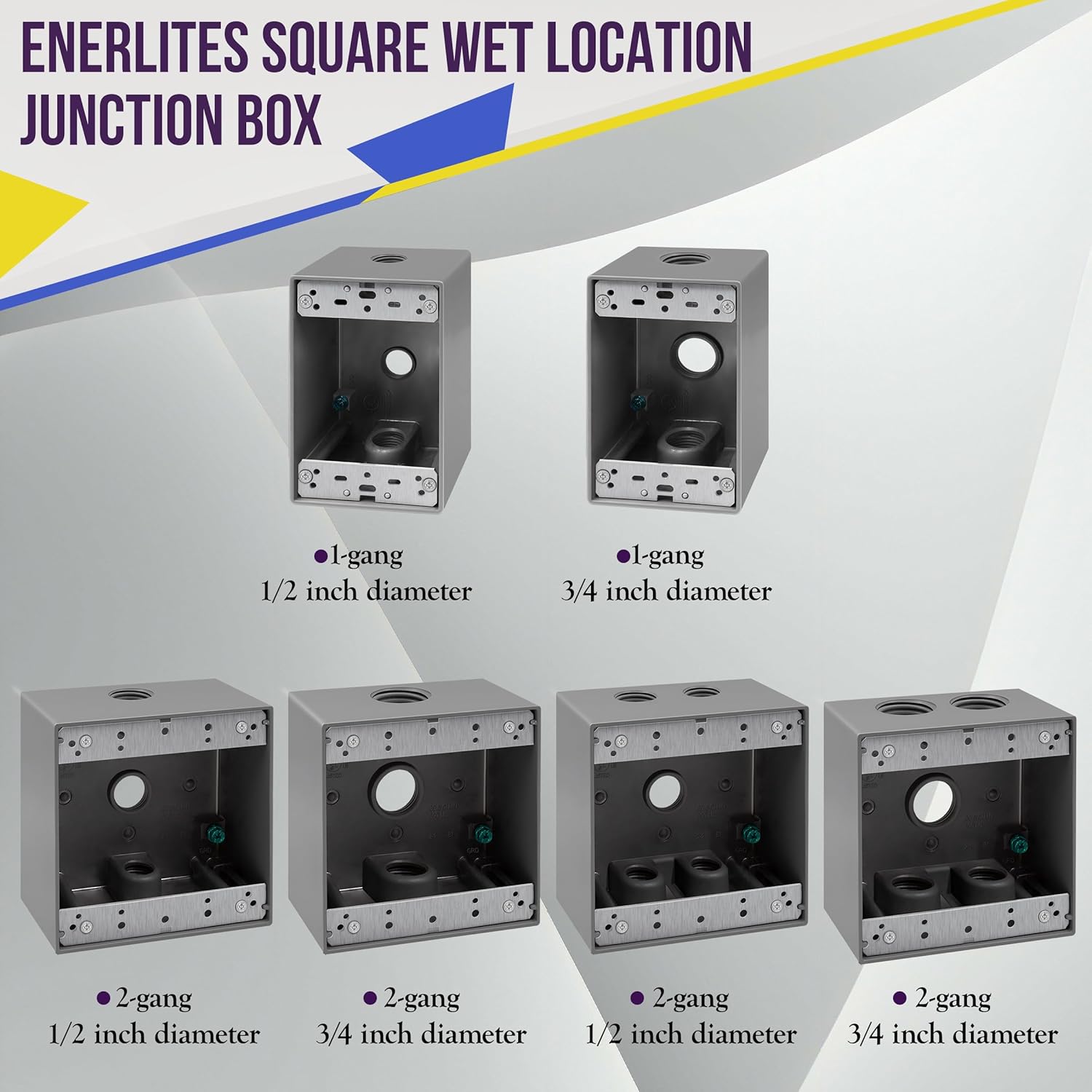 ENERLITES Weatherproof Outlet Box with Five 3/4-in Threaded Outlets, Outdoor Electrical Box, 5 Holes 0.75” Each, 2-Gang, 4.53” Height x 4.53” Length x 2.16” Depth, EN2575 Grey
