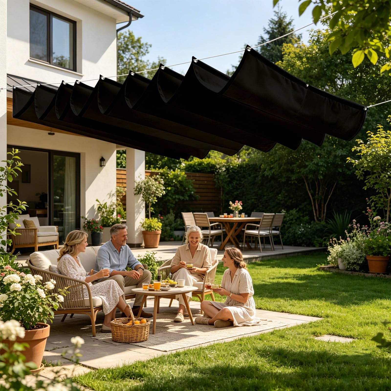 Toldo Retráctil de Onda 100 x 650 cm Impermeable Ondulada Toldos Exterior Protección Rayos UV Resistente Al Desgarro con Ojales y Cuerdas para Jardín Porche Patio Barbacoa, Negro