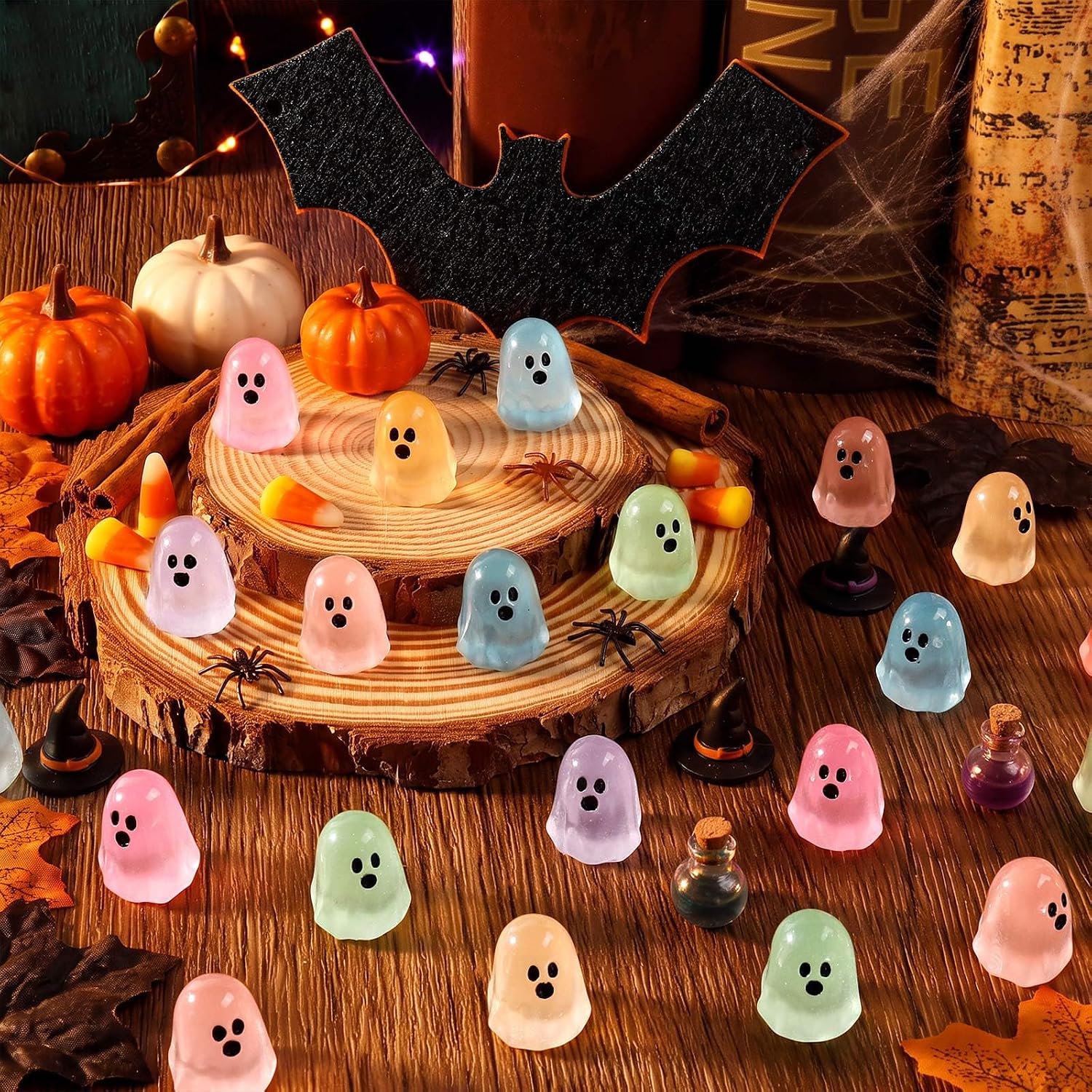 66 PCS Luminous Mini Resin Ghosts, Halloween Tiny Ghosts Glow in the Dark, 6 Colors Mini Ghosts Figures for Fairy Garden Landscape, Plants Decor, Outdoor Patio, Halloween Party Decoration