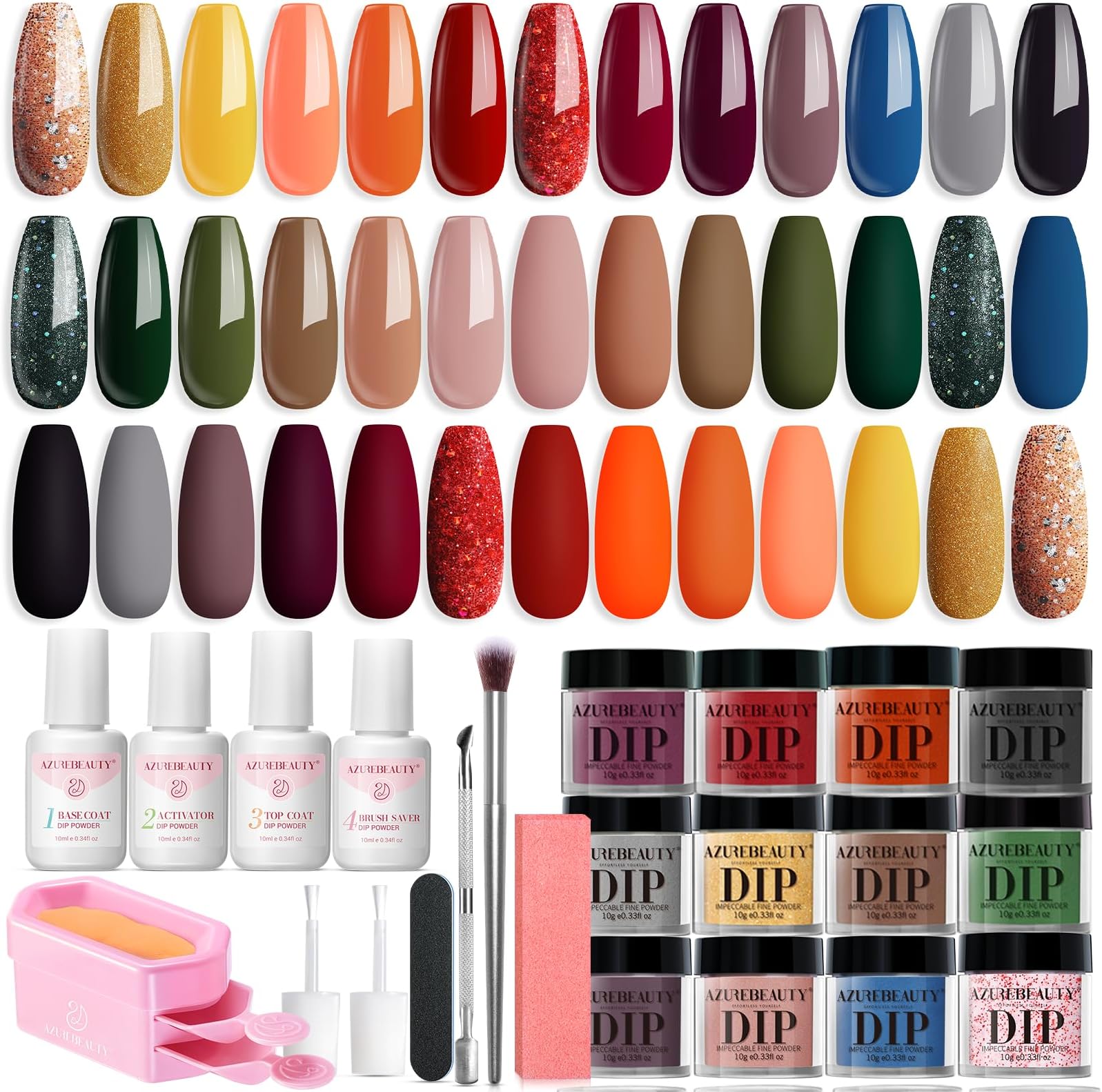 AZUREBEAUTY Dip Powder Nail Kit Starter Orange Green Glitter Red 20 Colors Summer Acrylic Dipping Powder Liquid Set with Base/Top Coat for French Nails Art Manicure Beginner DIY Salon Home