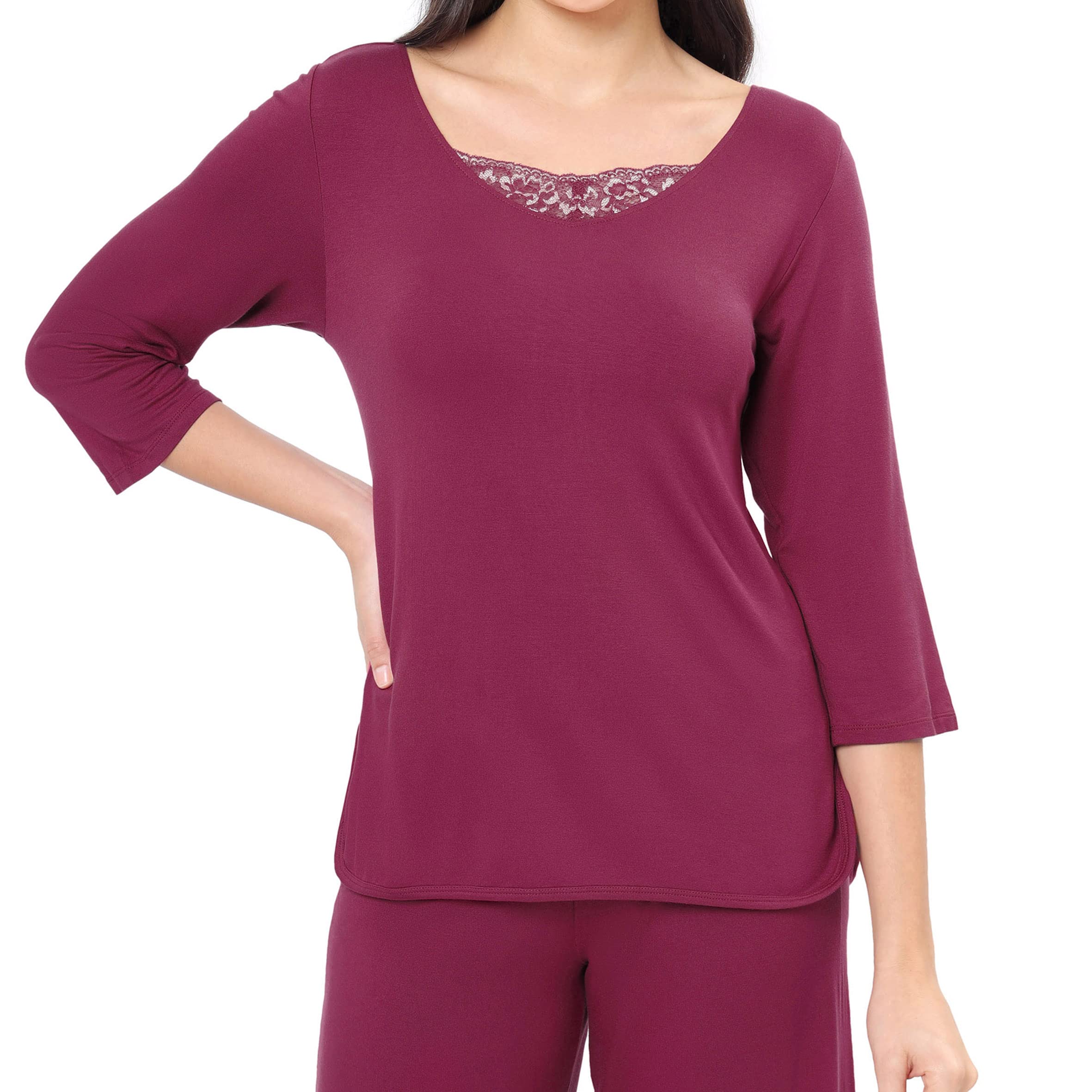 Solid Above Knee Round Neck Three-Quarters Sleeves Top