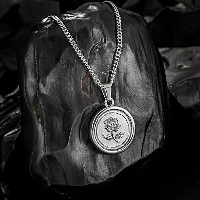 murtoo Rose Pendant Necklace for Men, Silver Stainless Steel Necklace with Carved Rose Pendant for Men and Women, Rose Flower Necklace