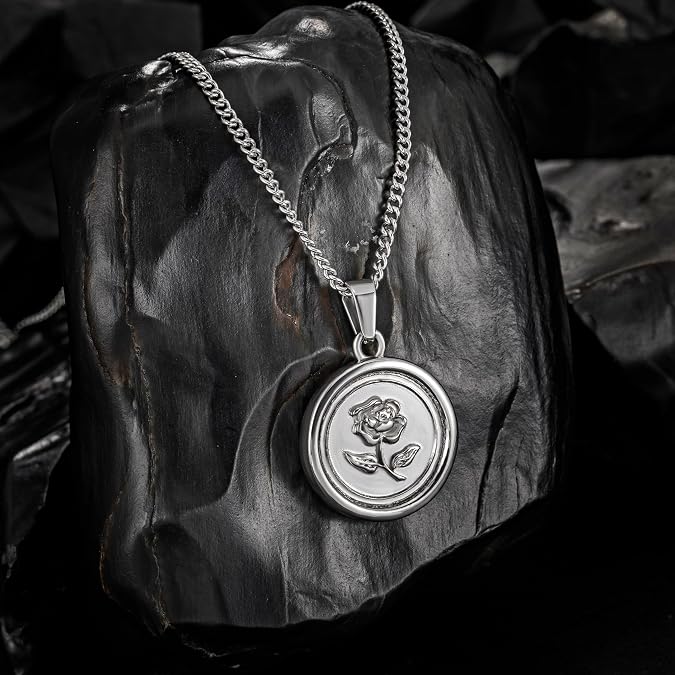 murtoo Rose Pendant Necklace for Men, Silver Stainless Steel Necklace with Carved Rose Pendant for Men and Women, Rose Flower Necklace