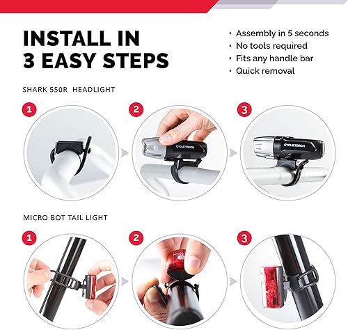 Miniatura 4 de Luces de bicicleta para conducción nocturna, USB recargable Shark 300 luces LED ultra brillantes para bicicleta delantera y trasera, luz trasera de