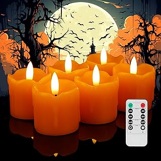 Orange Flameless Votive Candles, Dripless 2" x 2" Led Candles with Remote, Real Wax Flickering Battery Candles, 6 Pack Realistic Halloween Candles Fall Fake Candles for Home Party Decor