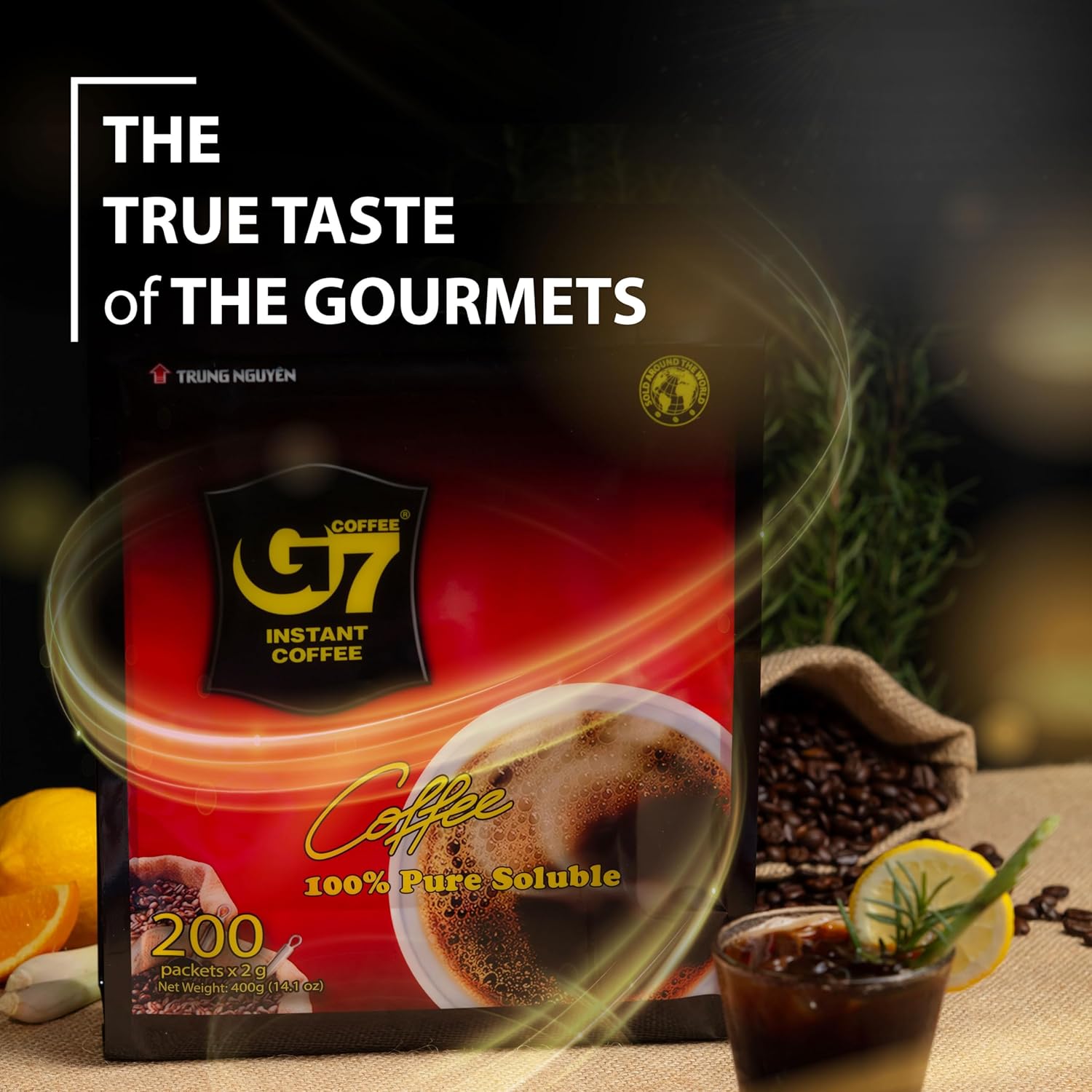 TRUNG NGUYEN G7 PURE BLACK Instant Coffee for Energy Boost - 100% Soluble Coffee Without Sugar - Strong, Pure & Rich Vietnamese Instant Energy - Original Taste for Connoiseurs (200 Sachets/Bag)