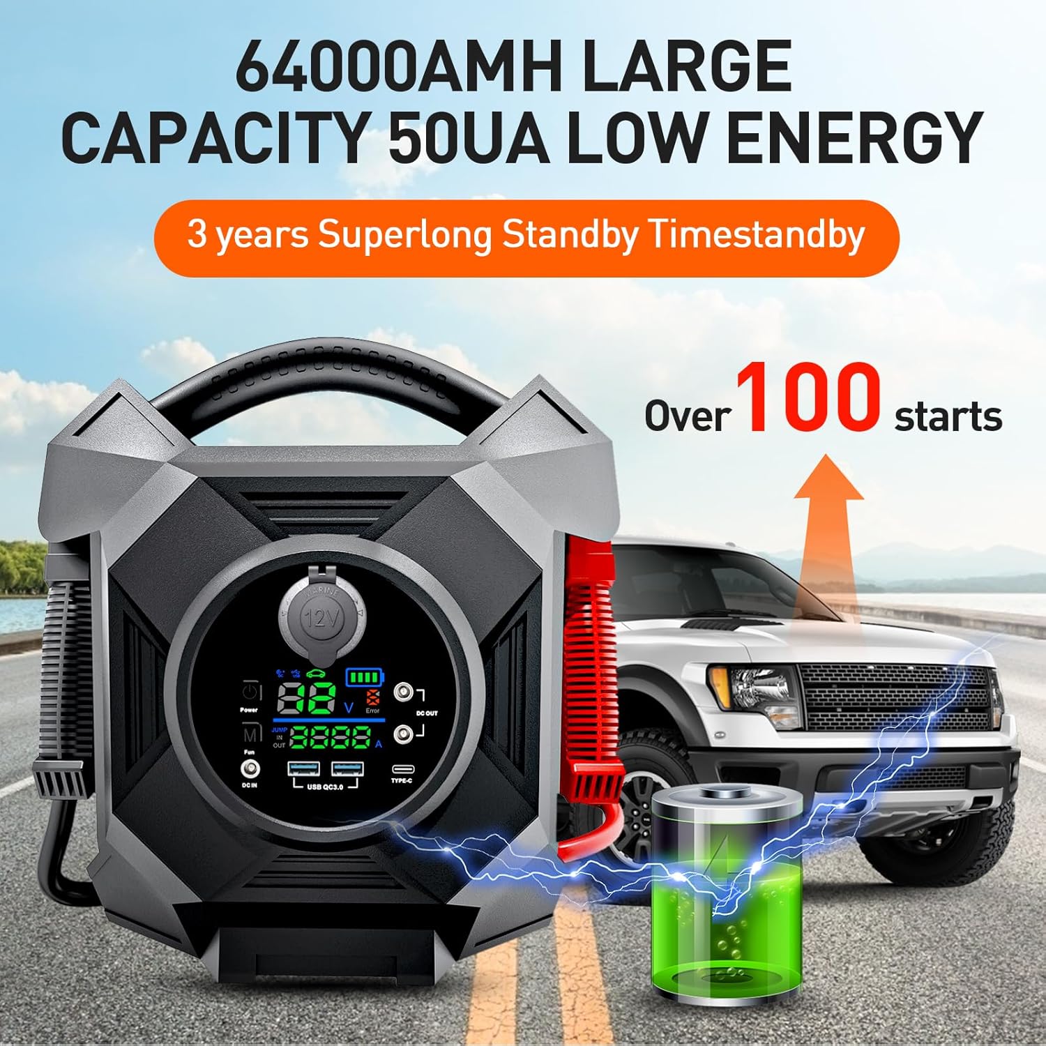 YULU CAT-797 Ultra-Powerful Jump Starter - 30000A 12V/24V Battery Booster Pack with Commercial Jumper Cables Outdoor Lighting DC/USB Power for Diesel Engines up to 50-Liters Home Backup, Emergency