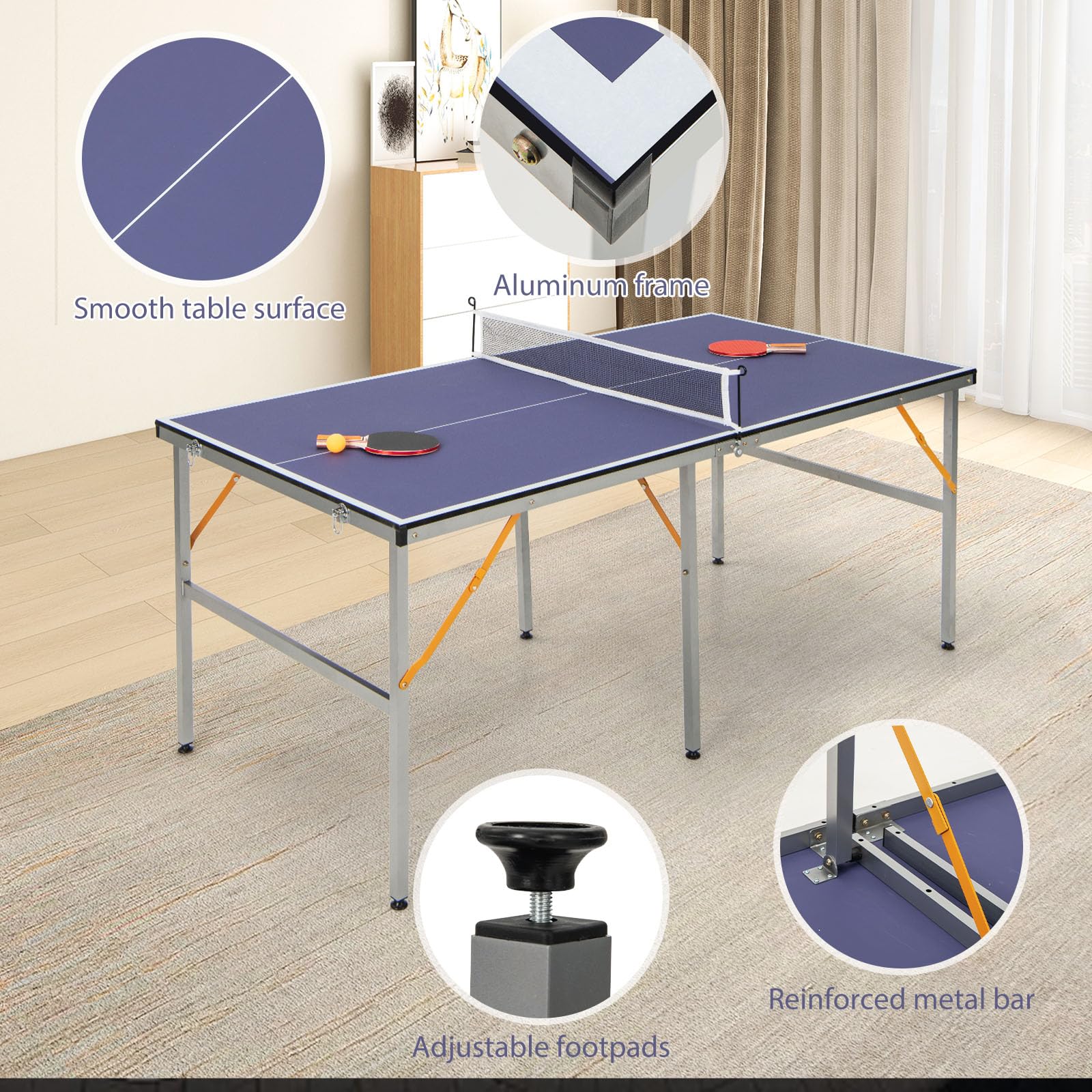 LIFEZEAL Ping Pong Table, Mini Tischtennisplatte aus Metall, Ping Pong Tisch mit Netz, Bälle, Schläger, Faltbare Tischtennistisch für Tischtennissport 180 x 90 x 76 cm