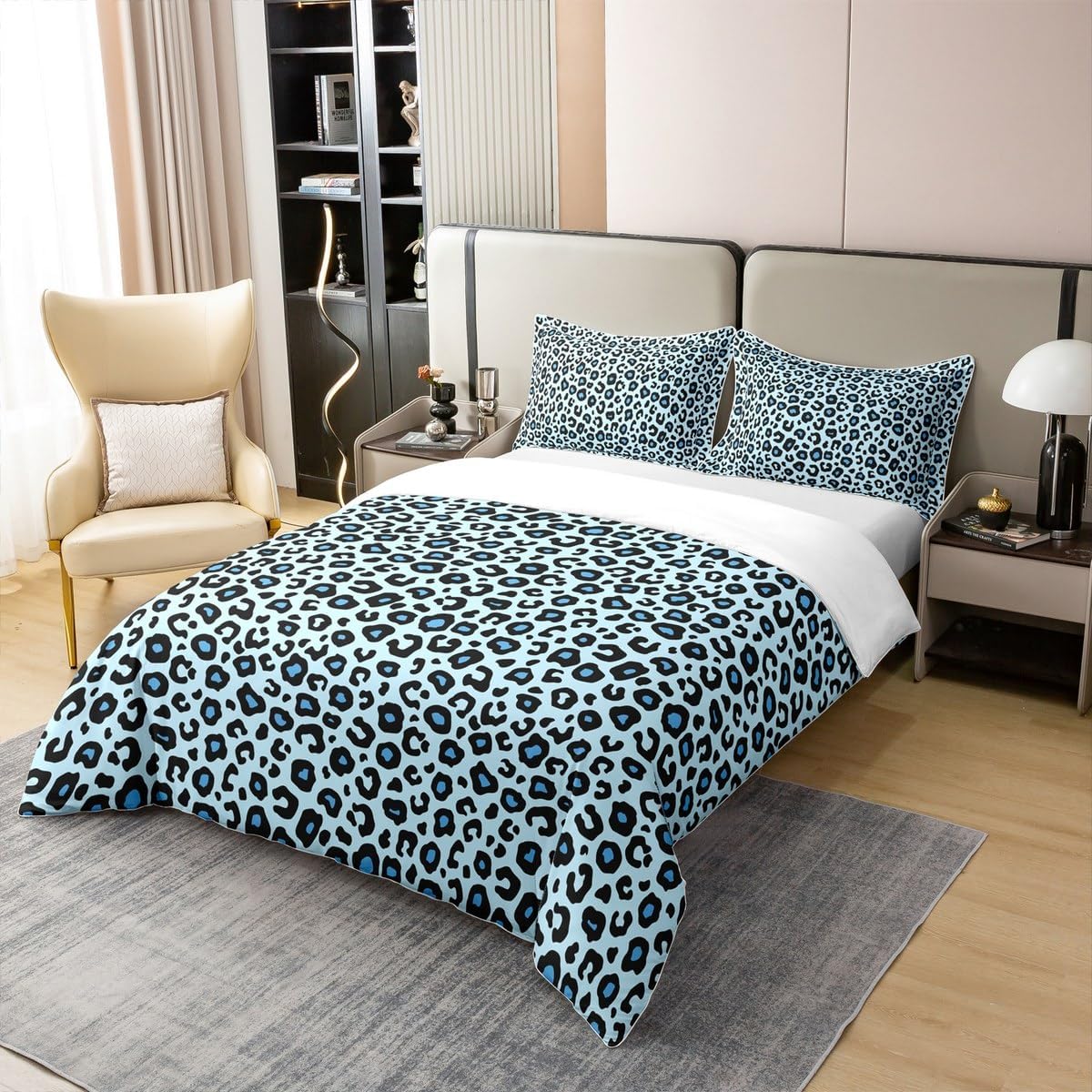 Full Size Duvet Cover Set Leopard Cheetah Pattern 100% Pure Cotton Bedding Set Leopard Print Blue Comforter Cover 3 PCS Wild Animal Skin Quilt Cover Luxury Soft(No Filler)