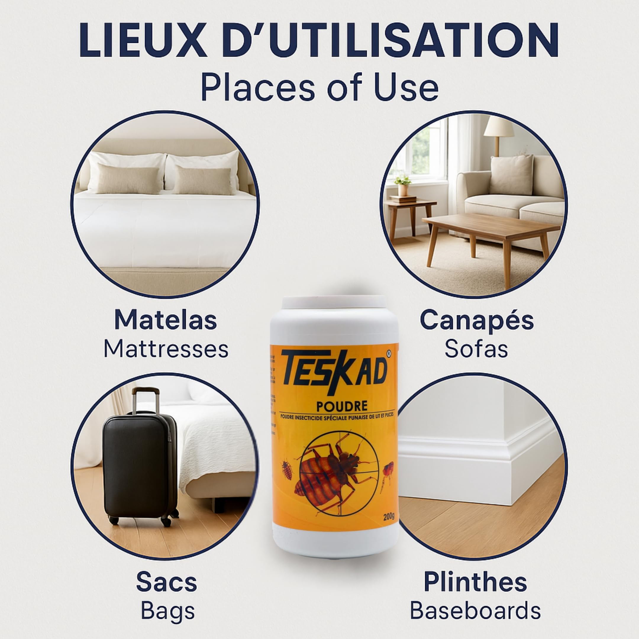 Poudres anti punaises de lit et puces Teskadust 200g (1) – Formule à Base de Cyphénothrine – Action Choc par Contact – Utilisation Directe sur Matelas, Plinthes, Fissures et Sacs à Vêtements