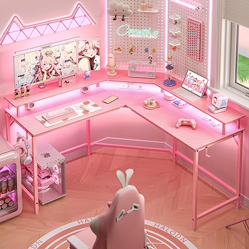 Miniatura 2 de Huuger - Escritorio para juegos en forma de L con tomas de corriente y luces LED, escritorio para computadora con estantes para monitor, superficie