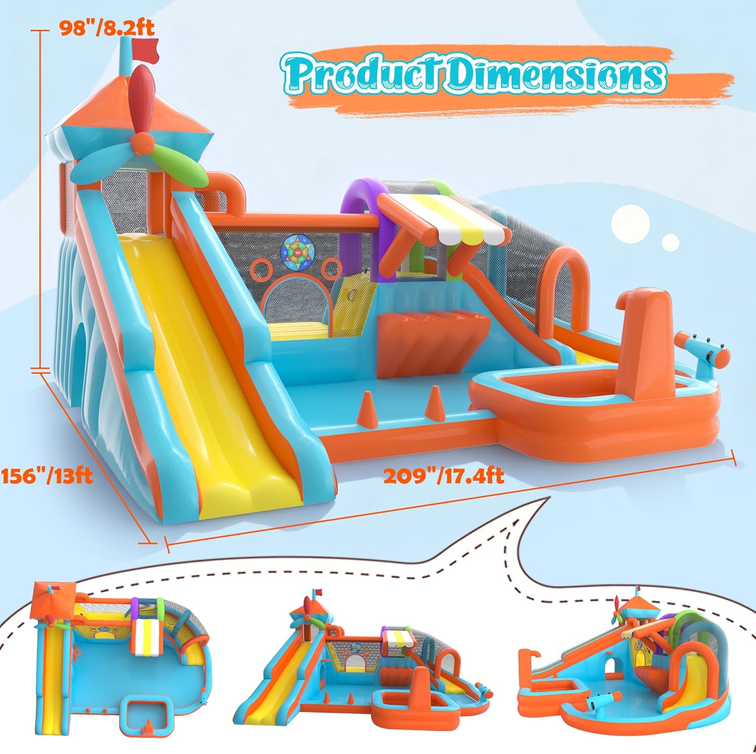 17.5×13 FT 12 in 1 Inflatable Bounce House for Kids with Double Slide, 750W Blower, Toy Stand, Jumping, Climbing Wall, Water Gun, Splash Pool, Tunnel, Basketball, Indoor, Outdoor (Orange)