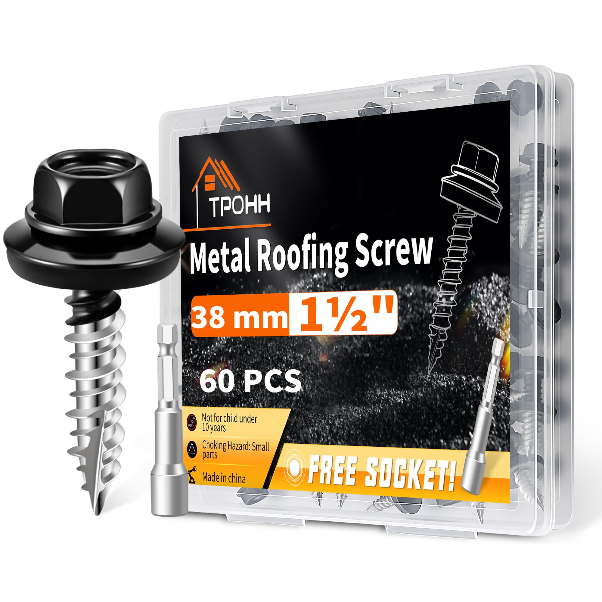 60 PCS M4.8 x 38 mm Hex Roofing Screws with Bit, Black Painted Head, EPDM Washers, High Low Thread, Self Tapping Metal to Wood Screws for Roofing and Facade Construction - TPOHH