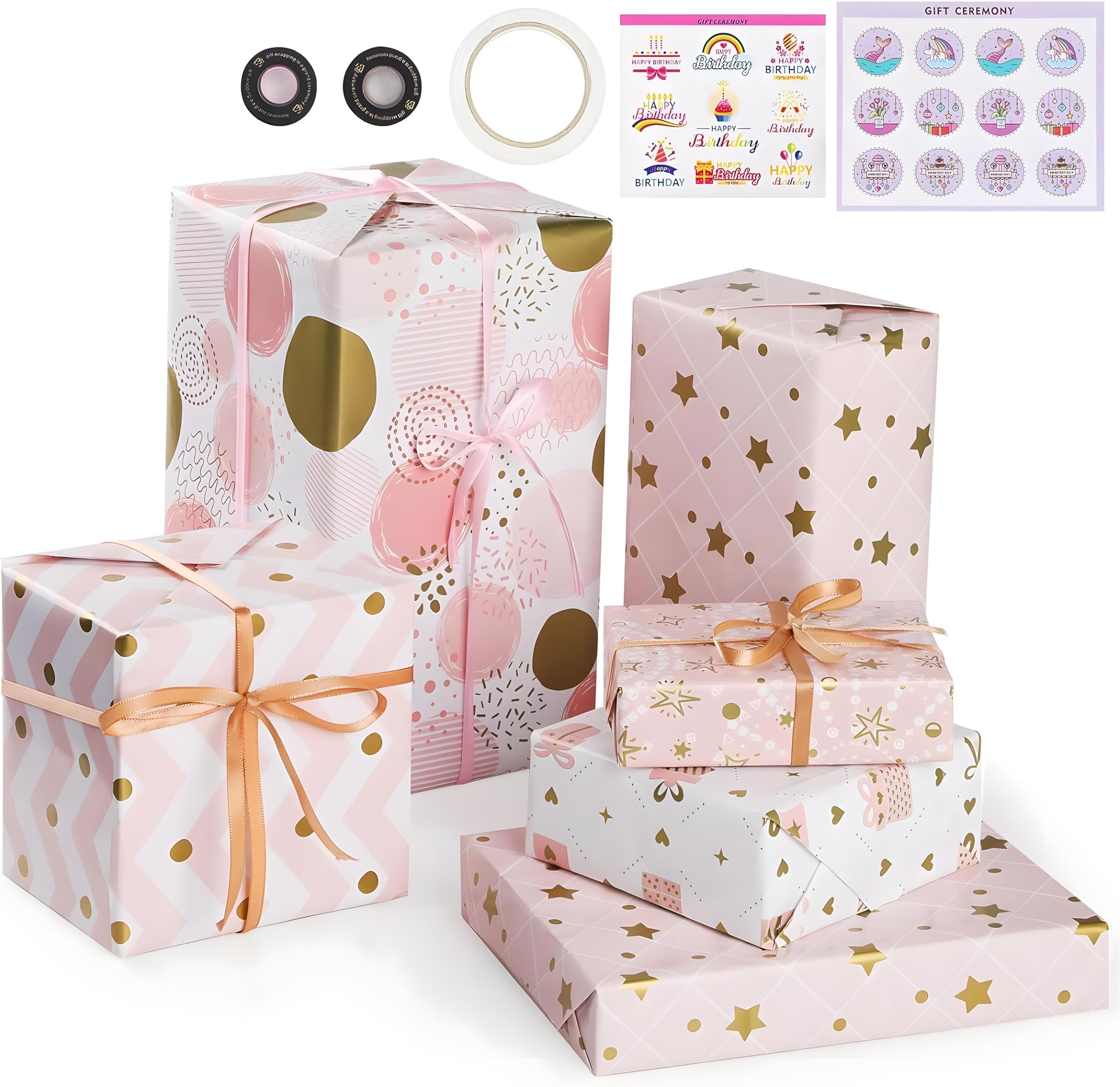 Gift Wrapping Paper,6 Sheets Birthday Wrapping Paper,Recycled Gift Wrap Paper Set included Sticker and Tape for Birthday,Bridal Baby Shower,Weddings,Graduations,Women,Men,Boy,Girl,All Occasion