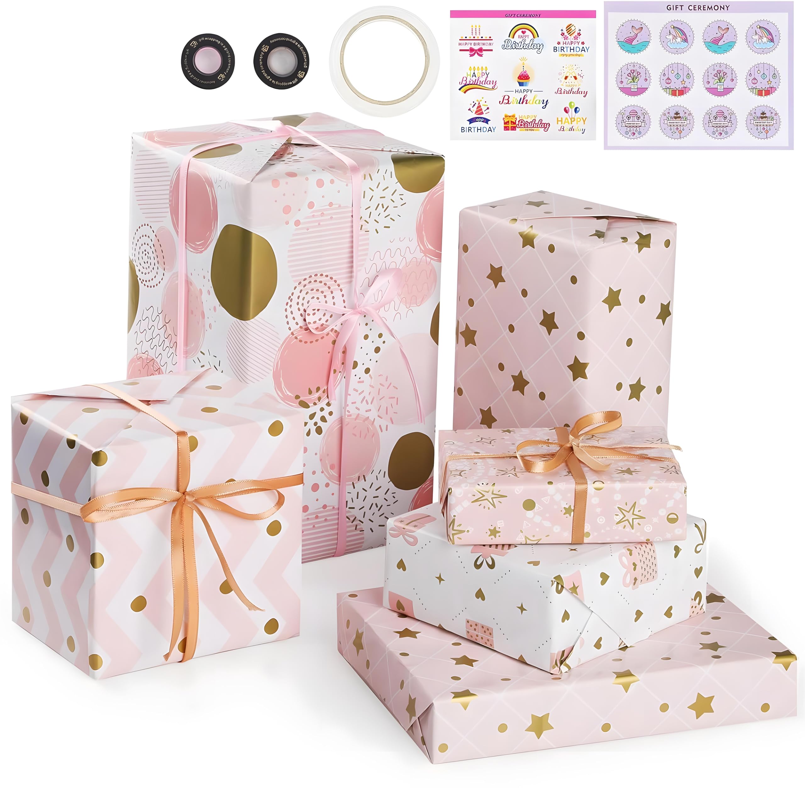 LAURUSGift Wrapping Paper,6 Sheets Birthday Wrapping Paper,Recycled Gift Wrap Paper Set included Sticker and Tape for Birthday,Bridal Baby Shower,Weddings,Graduations,Women,Men,Boy,Girl,All Occasion