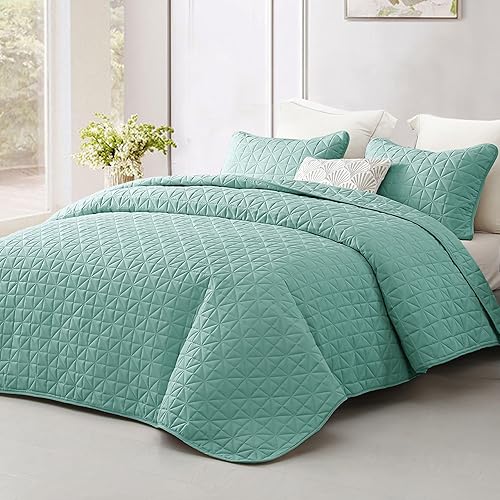 Miniatura 2 de Exclusivo Mezcla Juego de ropa de cama tamaño King con patrón de cuadrícula cosida, cubrecamas ligeras de verano verde para todas las estaciones (1