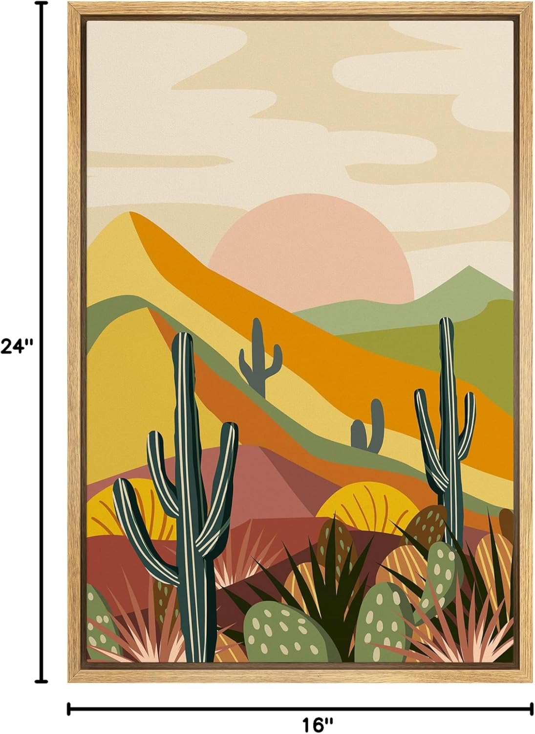 SIGNFORD Framed Canvas Print Wall Art Serene Desert Landscape with Tall Cactus Nature Wilderness Illustrations Modern Art Decorative Relax/Calm for Living Room, Bedroom, Office - 16"x24" Natural